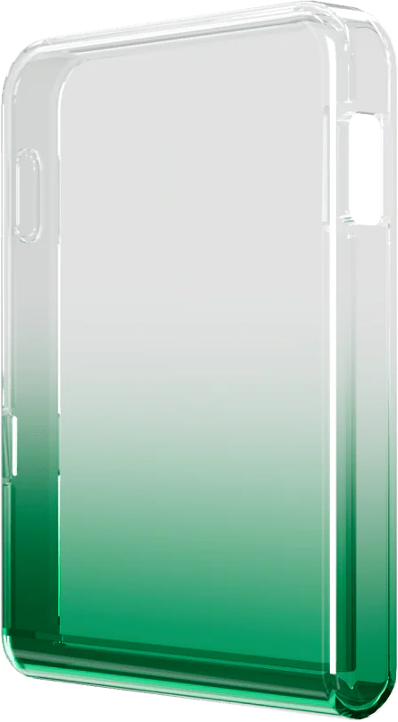 Transparente Handyhülle mit Farbverlauf von Weiß nach Grün. Die Hülle hat Aussparungen für Tasten und Anschlüsse.