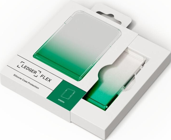 Eine weiße Schachtel enthält eine transparente Handyhülle mit grünem Farbverlauf. Die Schachtel ist mit 'LEDGER FLEX Silikon-Schutzhülle' beschriftet.