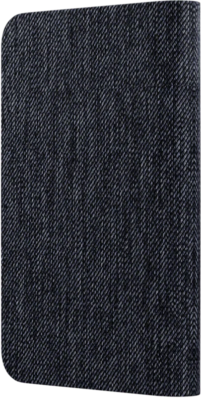 Eine rechteckige, dunkelblaue Jeansstofftextur. Die Oberfläche ist mit diagonalen, weiß-grauen Fäden bedeckt, die einen Jeans-Effekt erzeugen. Abgerundete Ecken.
