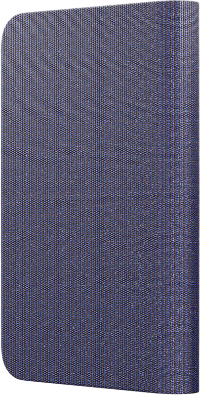 Nahaufnahme eines blau-braunen Stoffes, möglicherweise ein Buchumschlag, mit vertikalen Linien und abgerundeten Kanten.