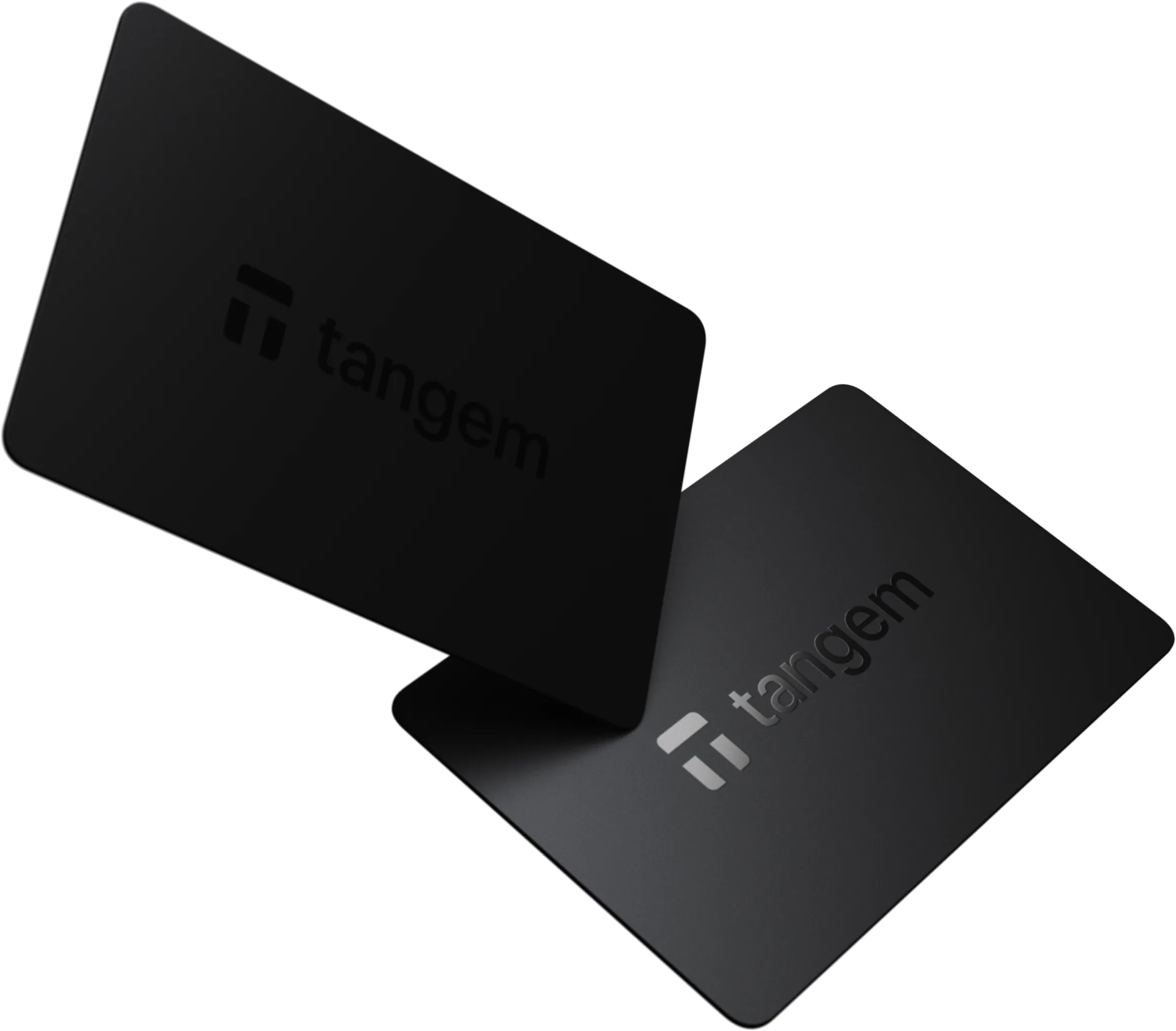 Zwei schwarze Karten mit dem Tangem-Logo und -Text auf schwarzem Hintergrund. Eine Karte ist teilweise hinter der anderen.