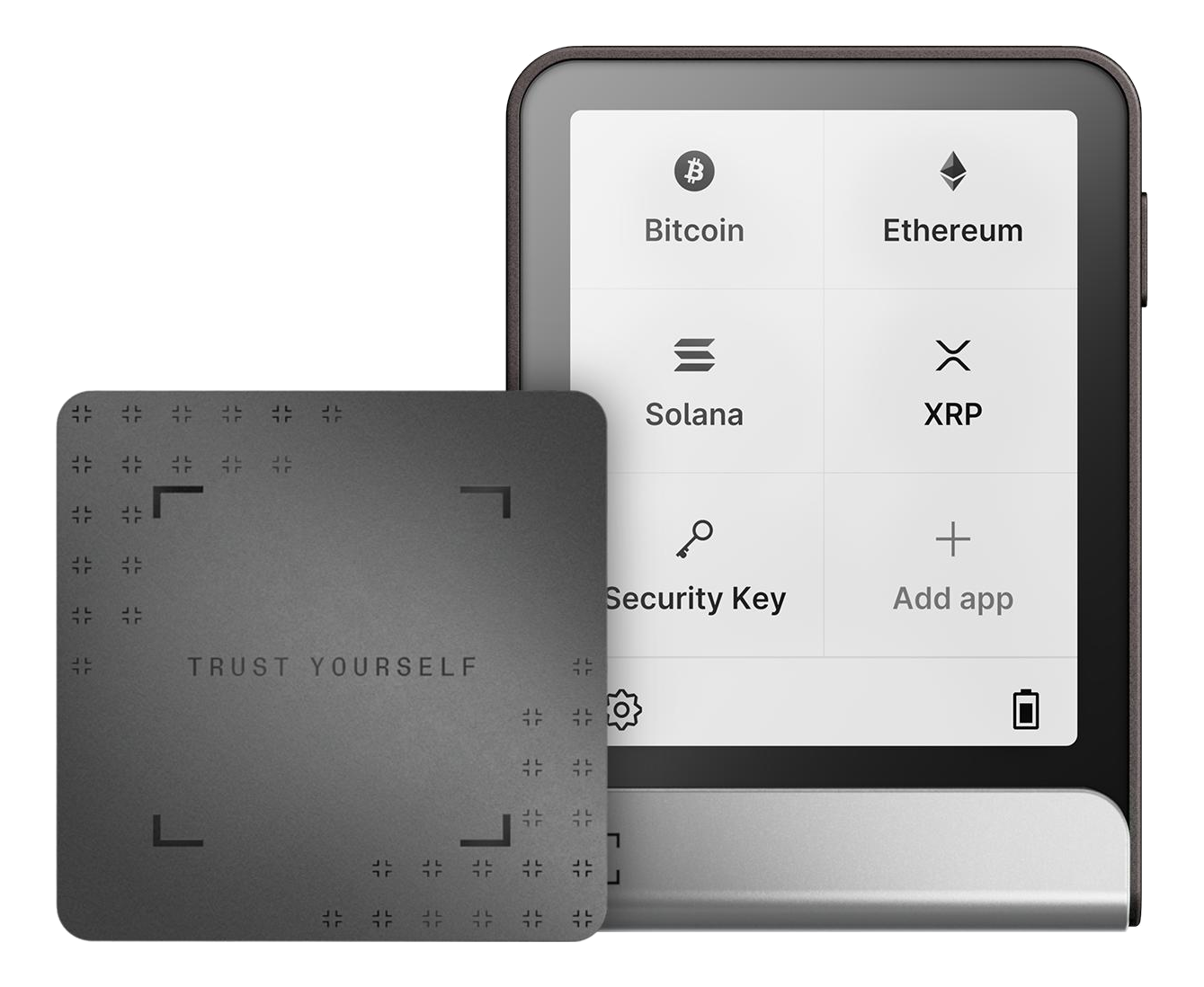 Ein Krypto-Hardware-Wallet mit einer Karte davor. Das Wallet zeigt Bitcoin, Ethereum, Solana, XRP, Sicherheitsschlüssel und App hinzufügen.