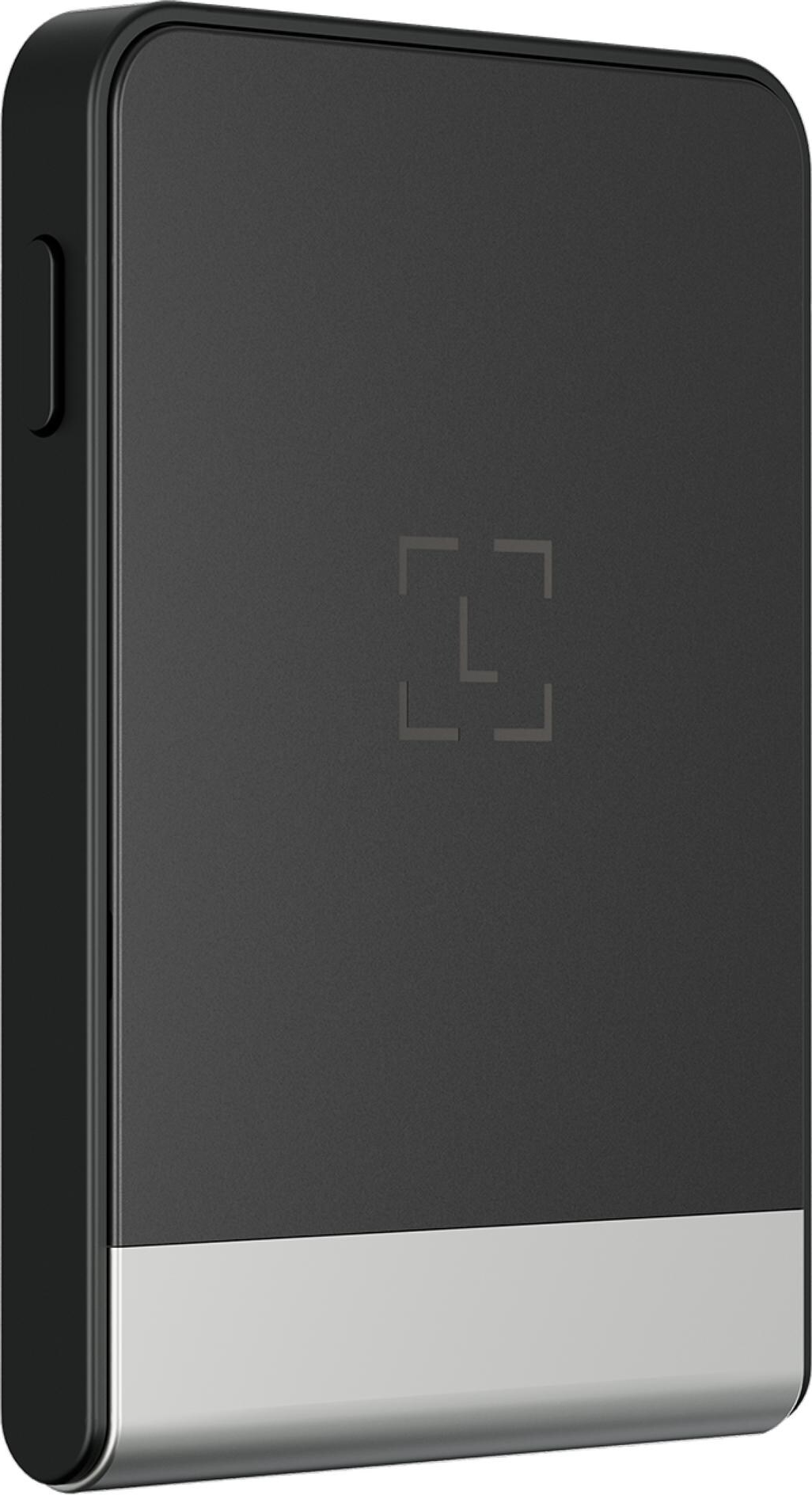 Ein schwarzes rechteckiges Gerät mit silbernem Boden und einem quadratischen Symbol auf der Vorderseite.