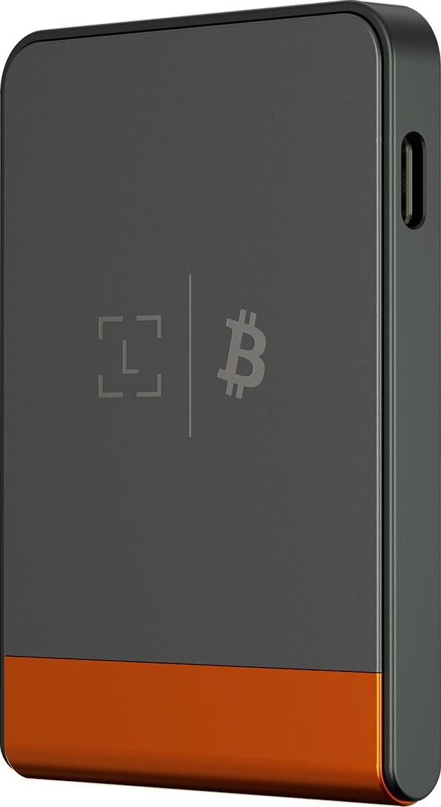 Un appareil noir avec un bas orange. Symbole Bitcoin et carré à l'intérieur. L'appareil est rectangulaire avec des coins arrondis.