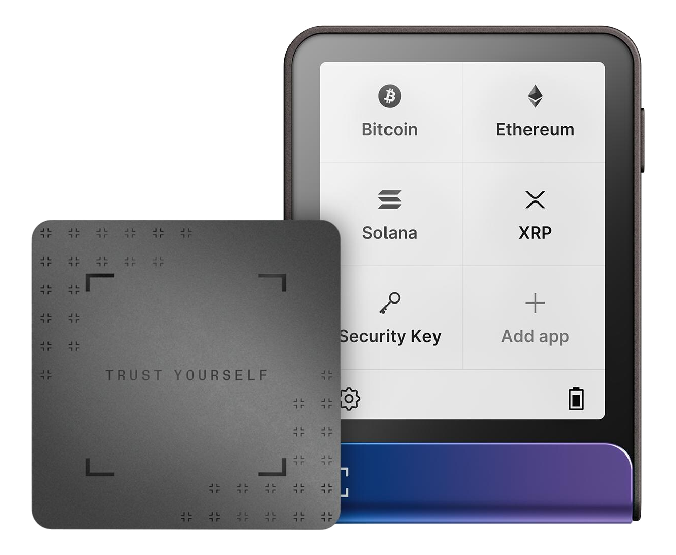 Una carta grigia con testo 'TRUST YOURSELF' e un dispositivo che mostra opzioni crittografiche come Bitcoin ed Ethereum.