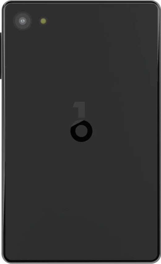 Die Rückseite eines schwarzen Smartphones mit Kamera, Blitz und einer stilisierten '1' mit einem Kreis darunter.