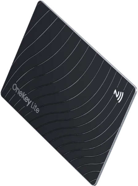 Eine schwarze OneKey Lite-Karte mit wellenförmigen Linien und dem NFC-Symbol. Die Karte ist leicht angewinkelt, mit abgerundeten Ecken.