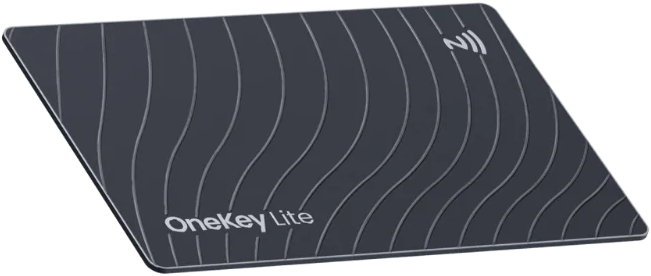 Dunkelgraue OneKey Lite Karte mit wellenförmigen Linien und NFC-Symbol. Text 'OneKey Lite' sichtbar.