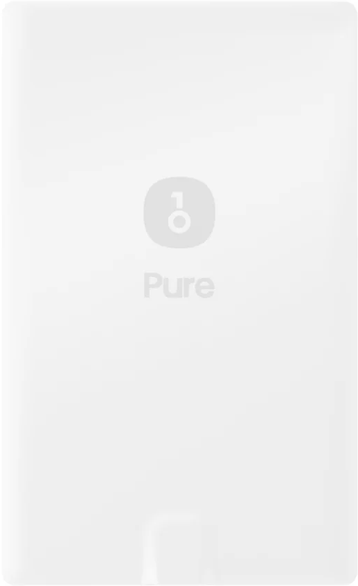 Weißes Rechteck mit hellgrauem Logo und dem Wort "Pure" in der Mitte. Das Logo ähnelt einem Schlüssel.