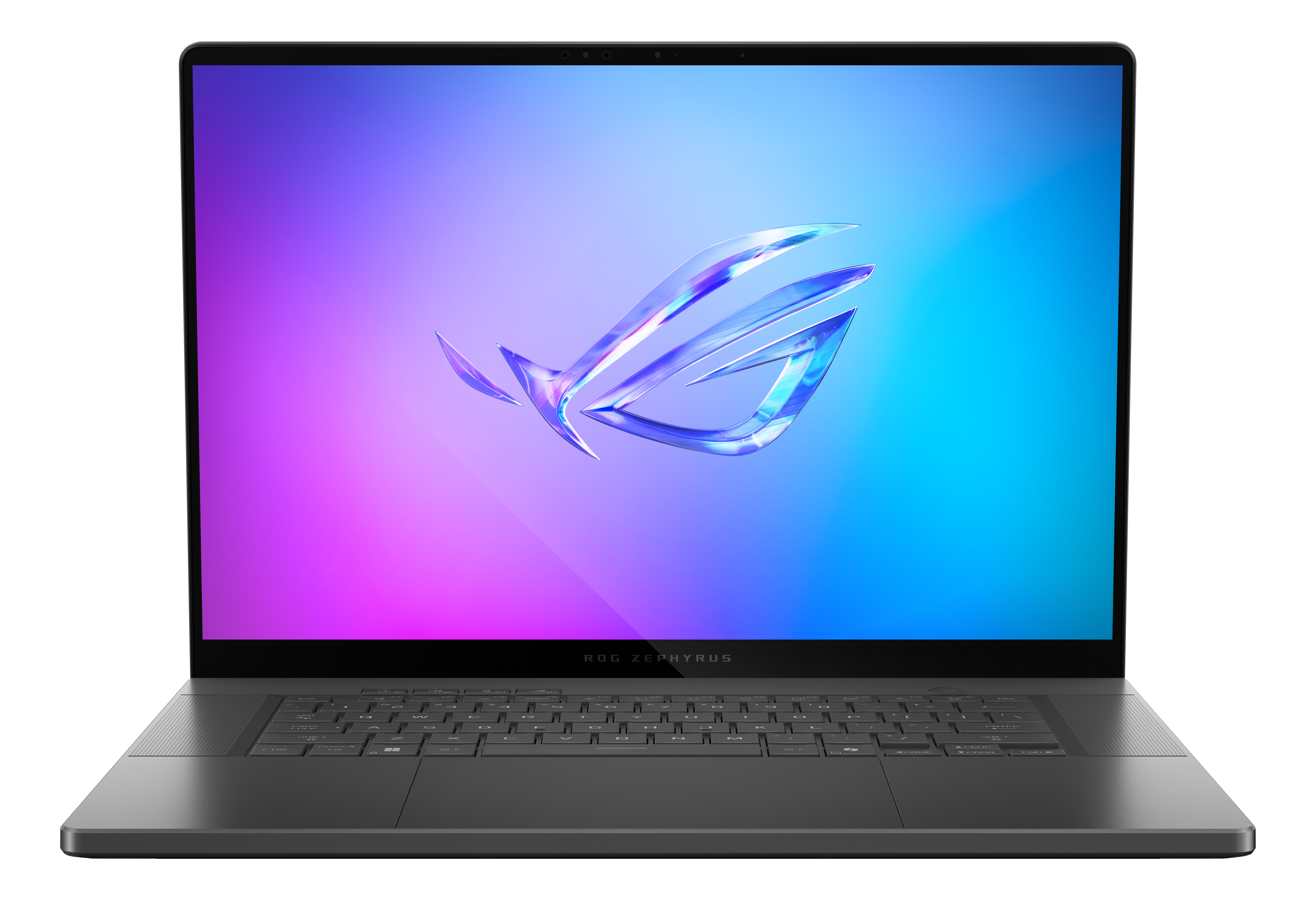 Un ordinateur portable gris foncé est ouvert, affichant un écran coloré avec un logo. Le clavier et le pavé tactile sont visibles.