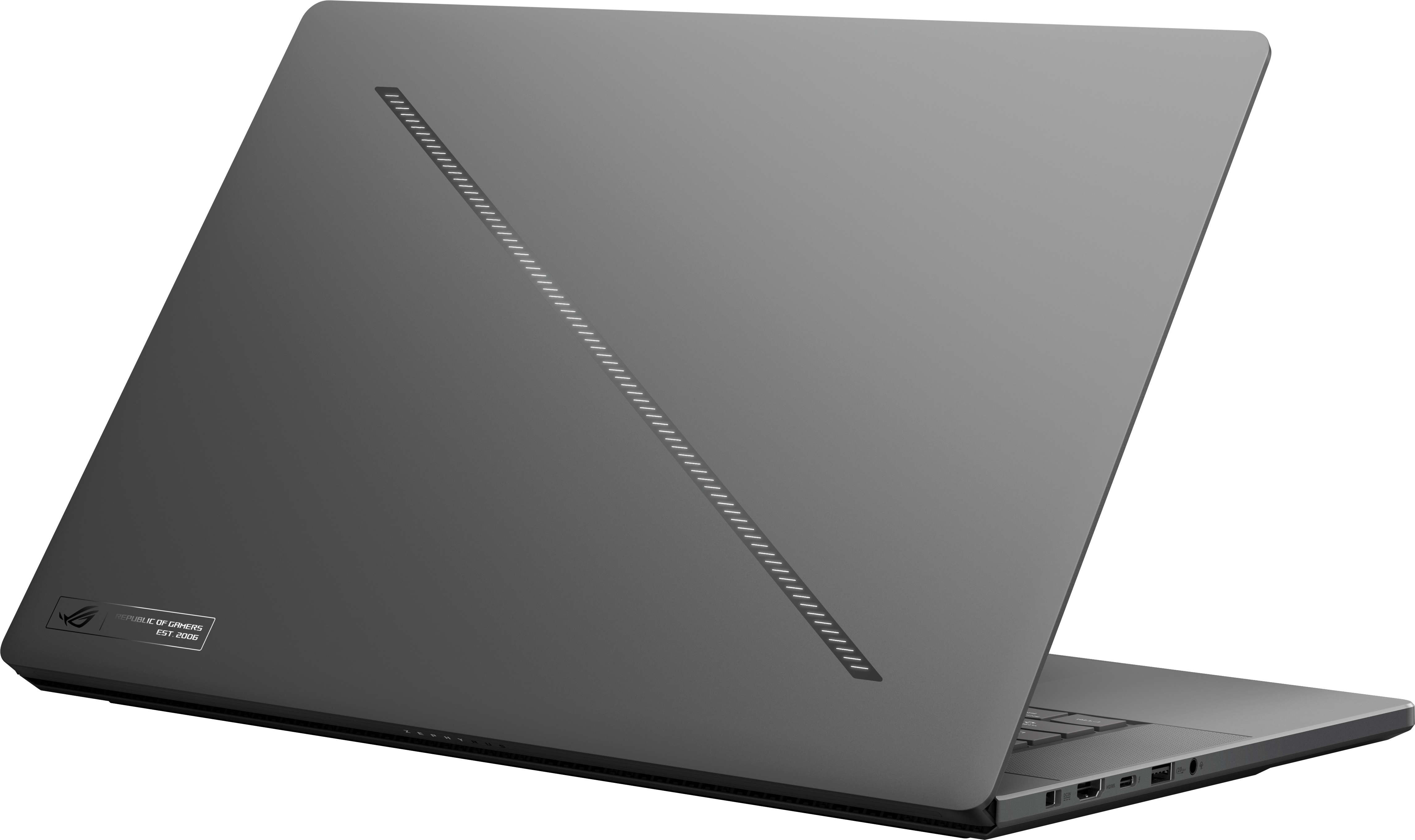 Un ordinateur portable gris, vue en angle. Le dos a un design d'aération diagonal. Logo et texte en bas à gauche.