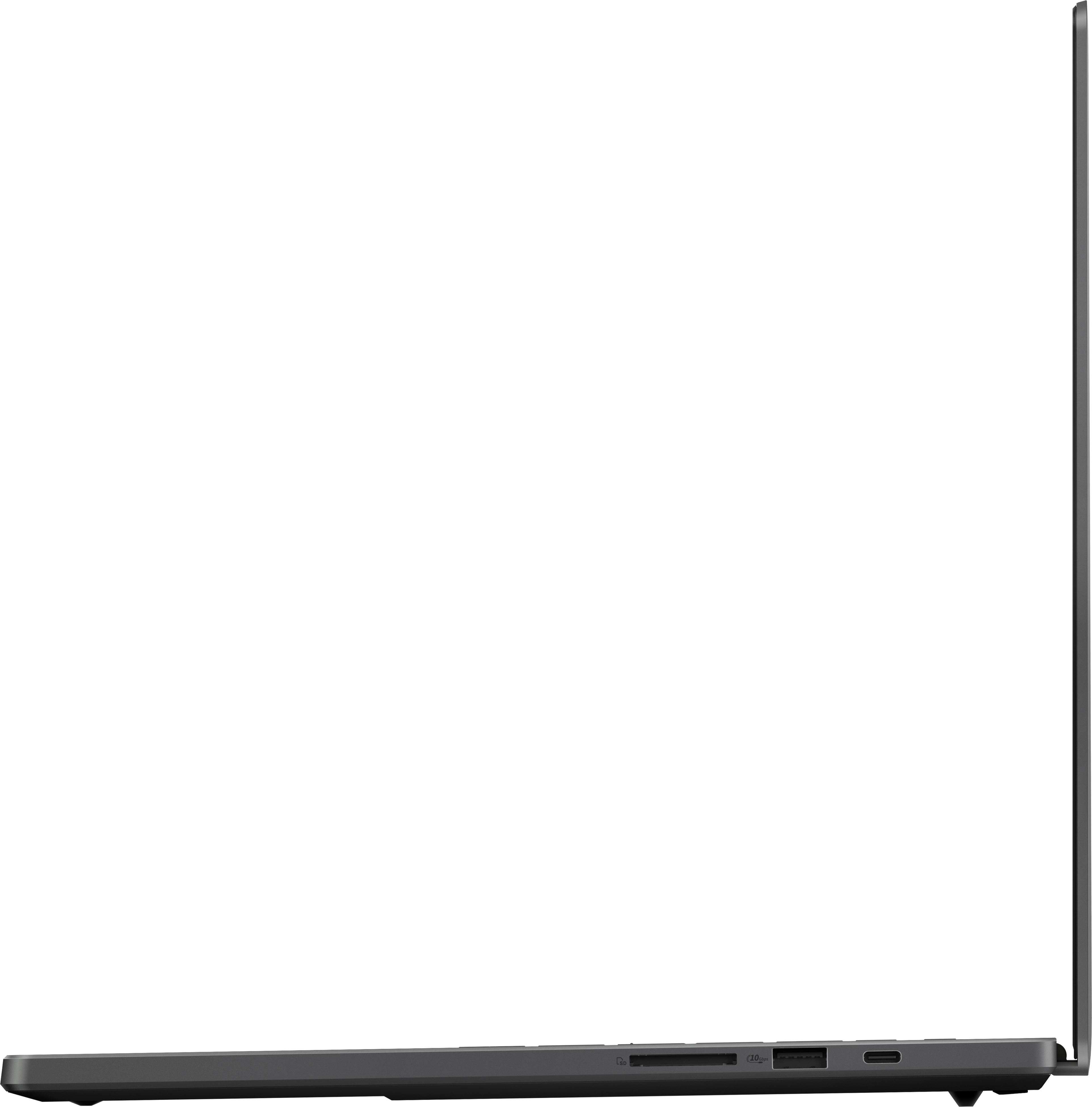Vue latérale d'un ordinateur portable gris fermé. Les ports visibles incluent USB, lecteur de carte SD et port de charge.
