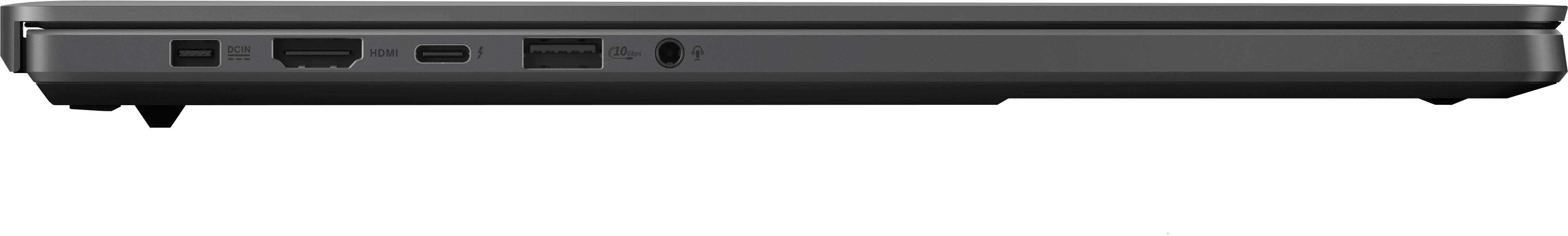 Côté ordinateur portable avec ports : DC-in, HDMI, USB, prise jack. Couleur grise.