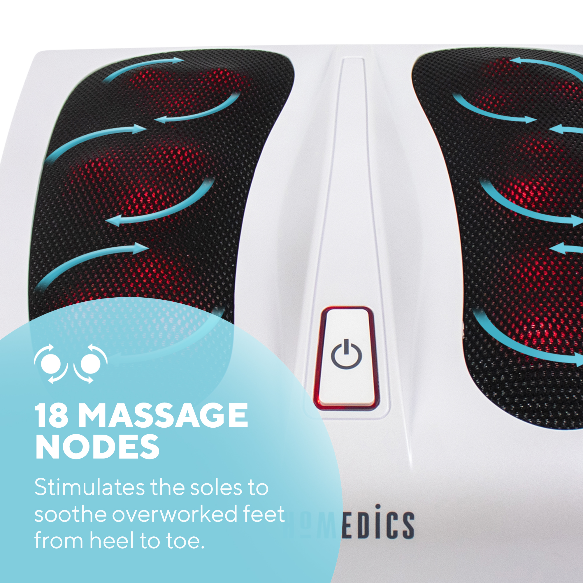 Masażer stóp z czarną siatką, czerwonym światłem i przyciskiem zasilania. Niebieskie strzałki wskazują przepływ powietrza. Tekst: 18 węzłów masujących.
