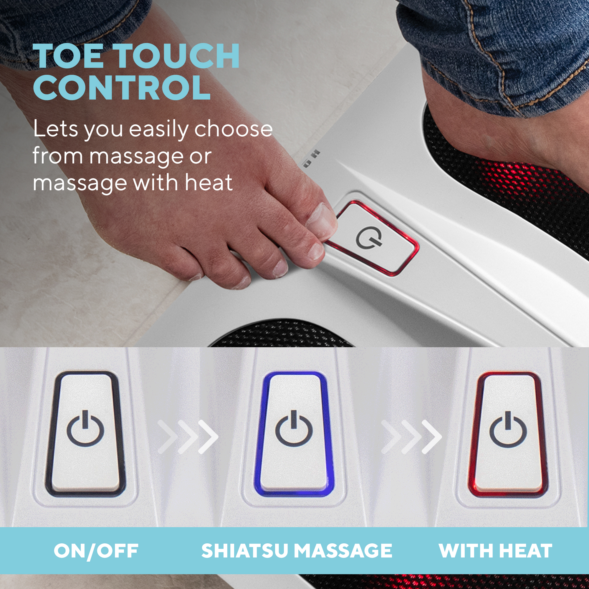 Panel sterowania masażera stóp z przyciskami włącz/wyłącz, masaż shiatsu i ciepło. Stopa spoczywa na urządzeniu.