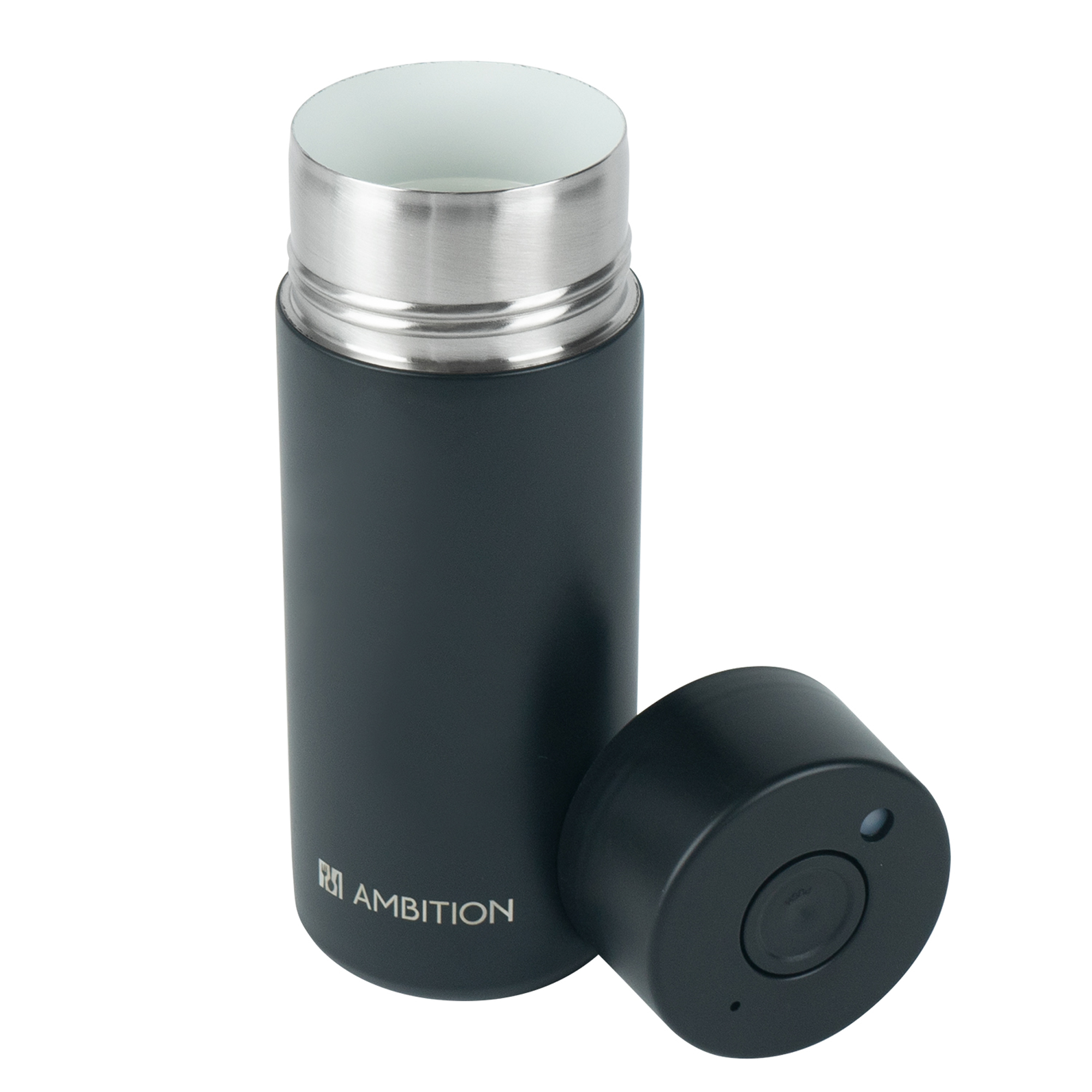 Czarny termos ze srebrną górą i oddzielną pokrywką. Widoczne logo Ambition.