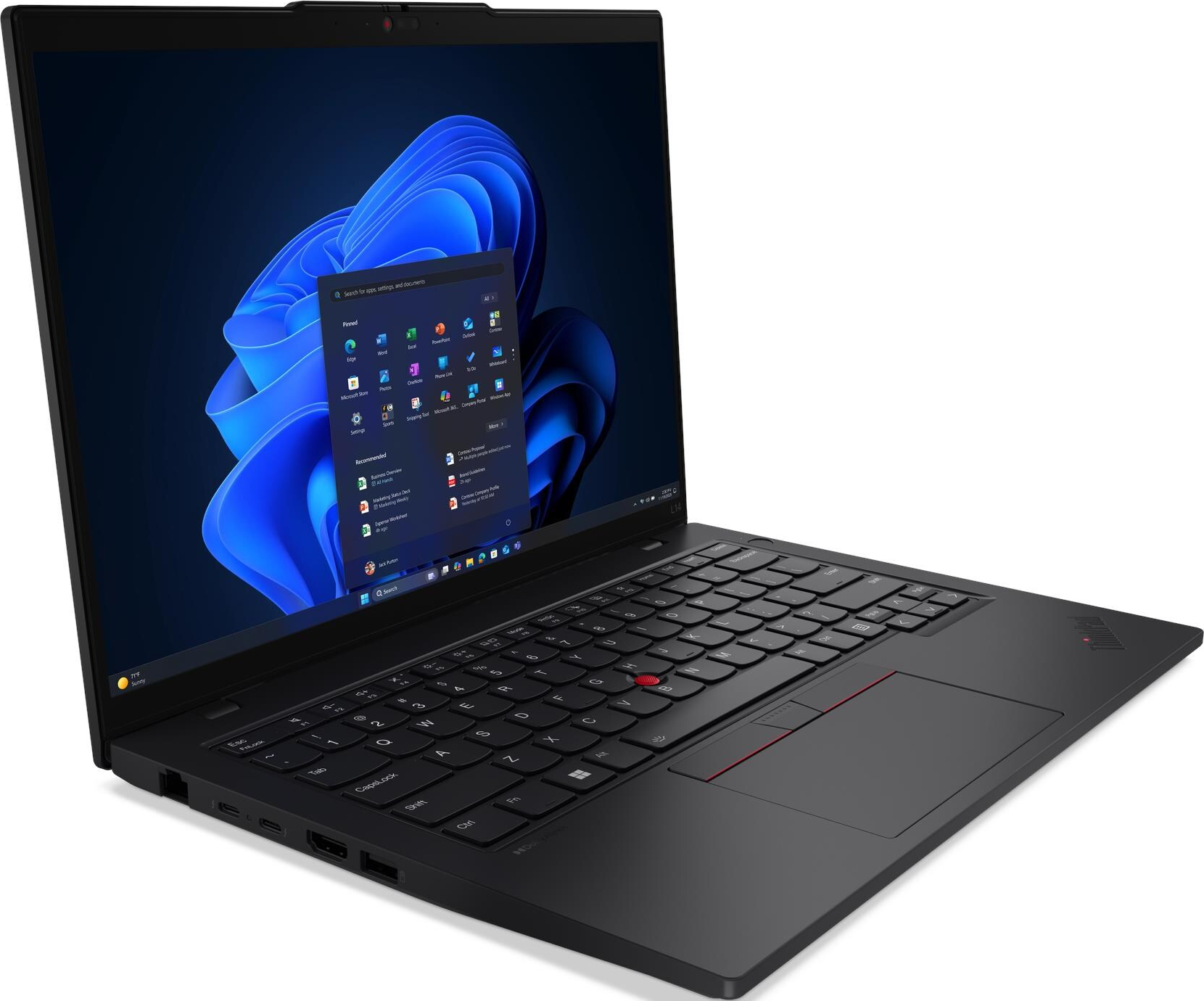 Schwarzer Laptop mit Windows 11 Oberfläche. Tastatur sichtbar, Bildschirm zeigt App-Symbole und Einstellungen.