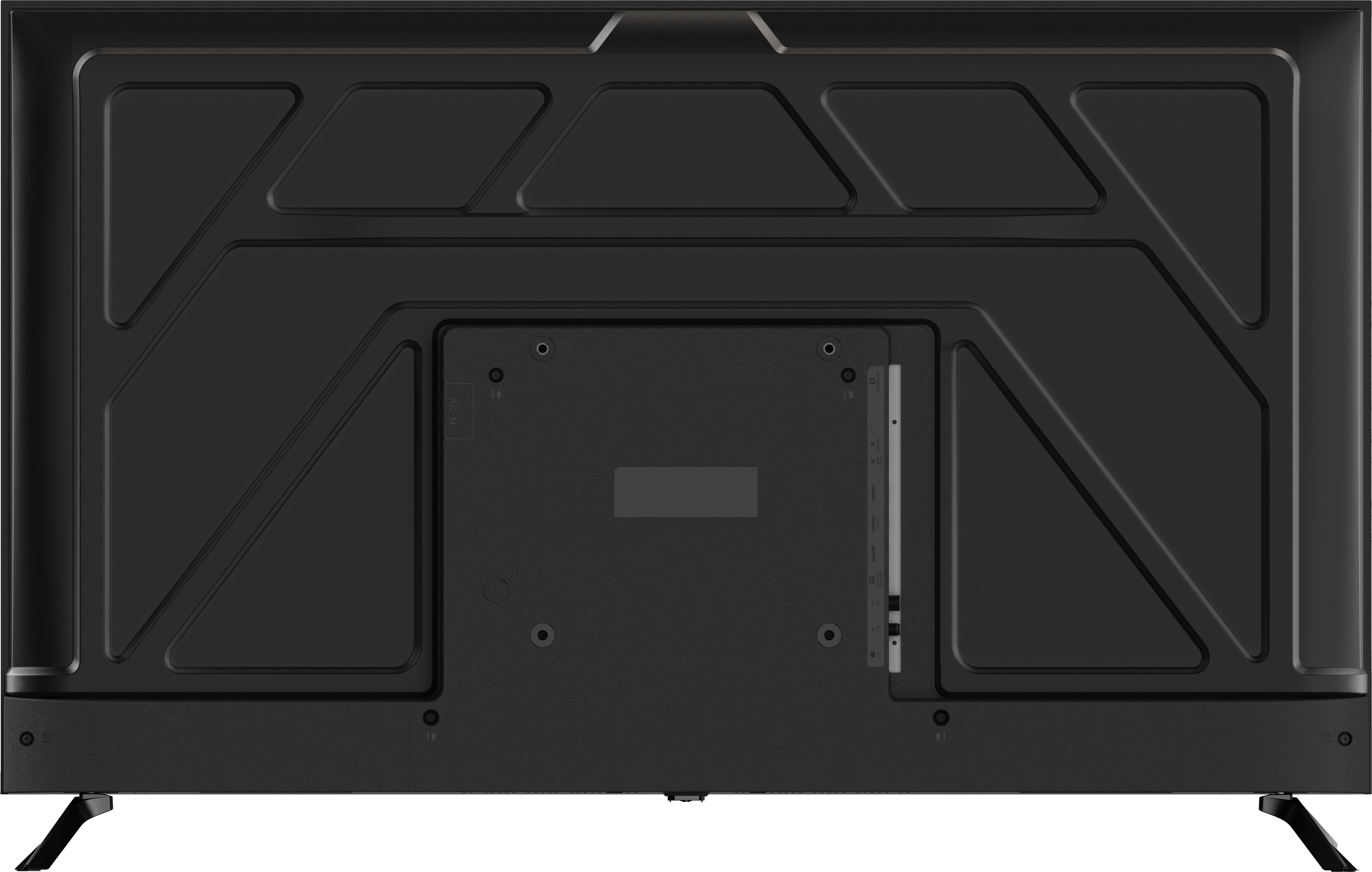 Tył czarnego telewizora z geometrycznymi wzorami i portami. Ma dwie nogi podporowe.