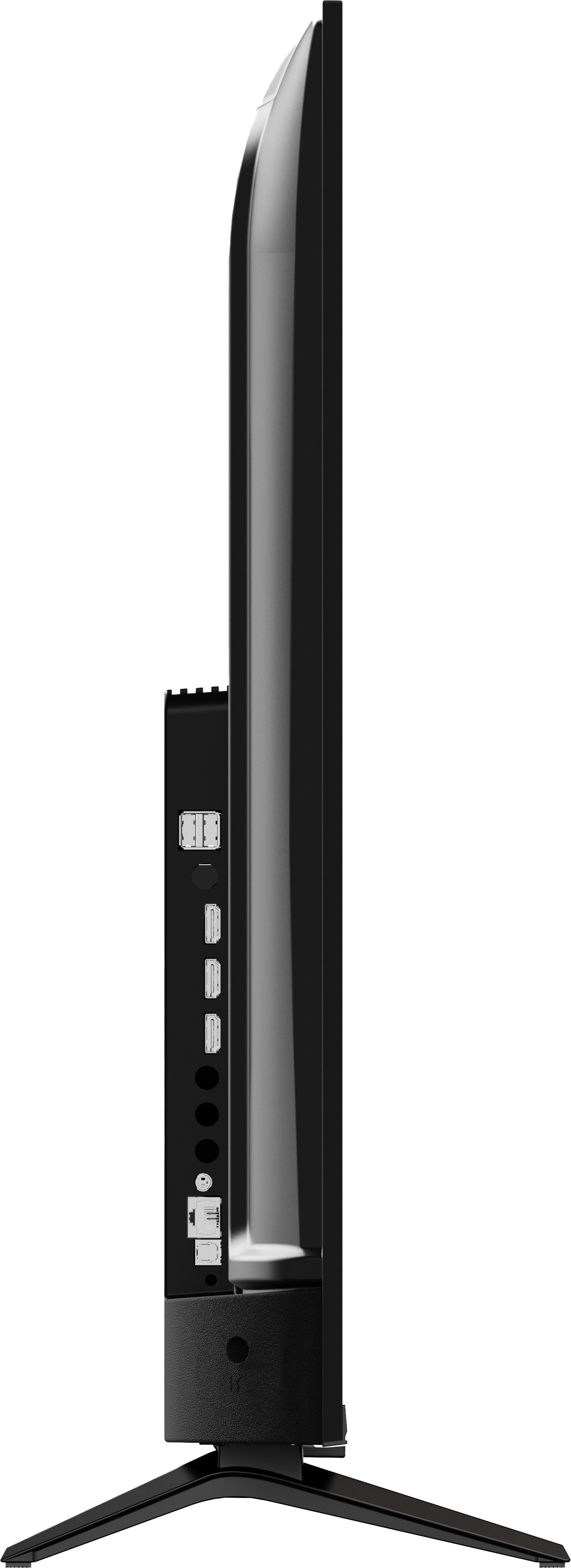 Widok z boku czarnego telewizora. Widoczne porty, podstawa i krawędź ekranu. Czarne tło.