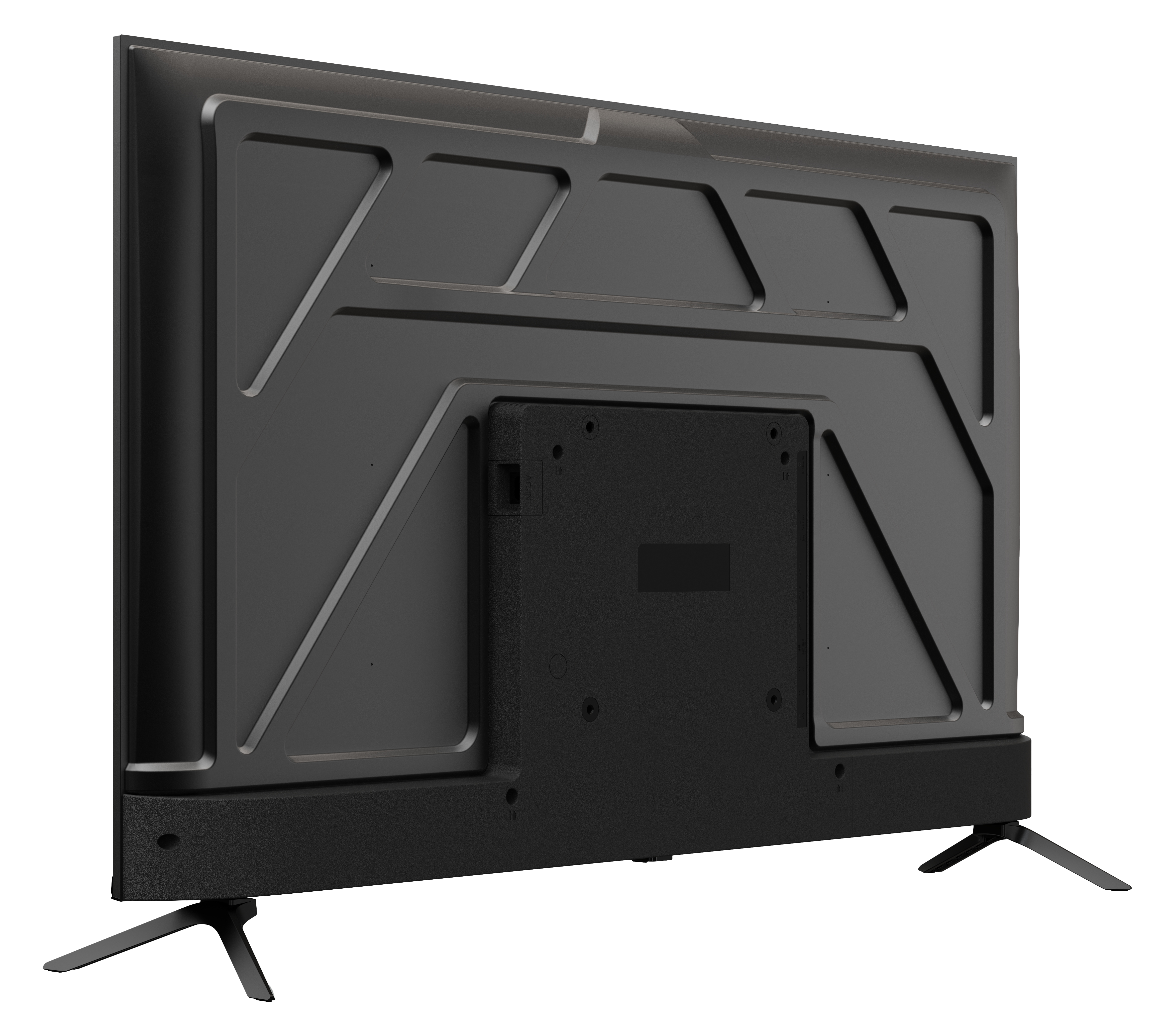 Tył czarnego telewizora. Ma teksturowaną powierzchnię z geometrycznymi wzorami i dwoma nóżkami.