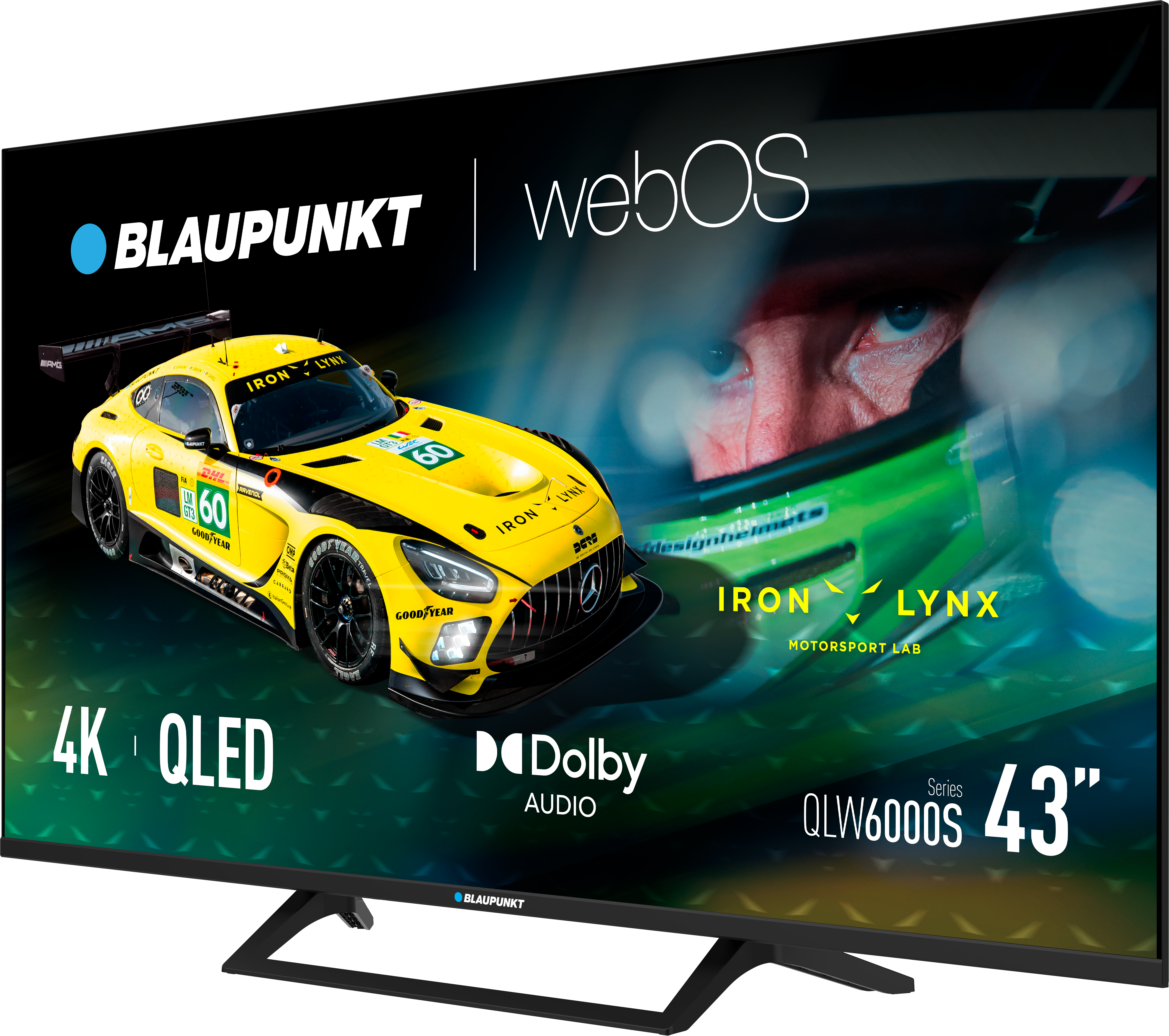 Telewizor Blaupunkt wyświetla żółty samochód wyścigowy i kierowcę. Ekran pokazuje funkcje 4K QLED i Dolby Audio.
