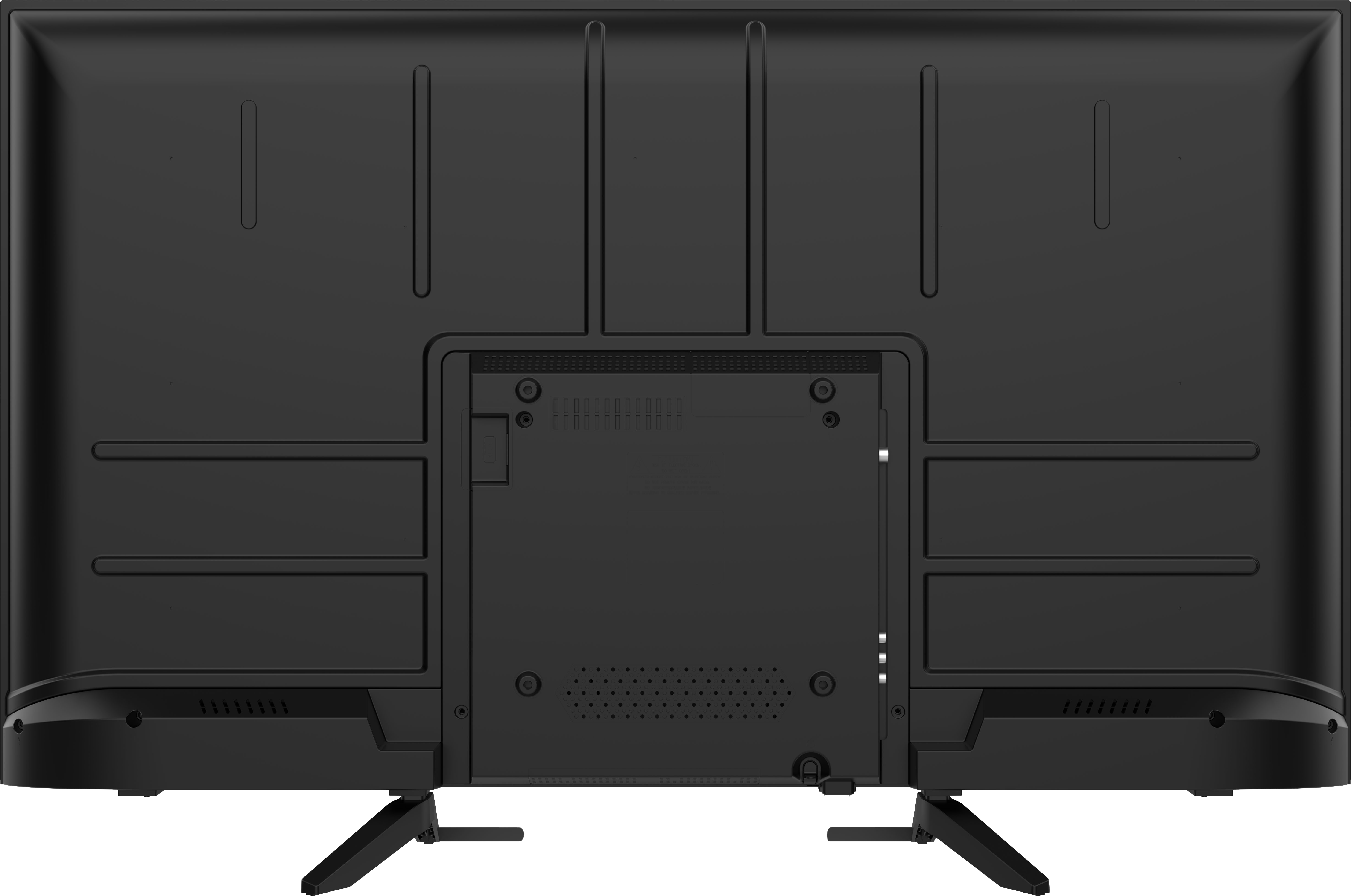 Tył czarnego telewizora z portami, otworami wentylacyjnymi i uchwytami. Nowoczesny design.