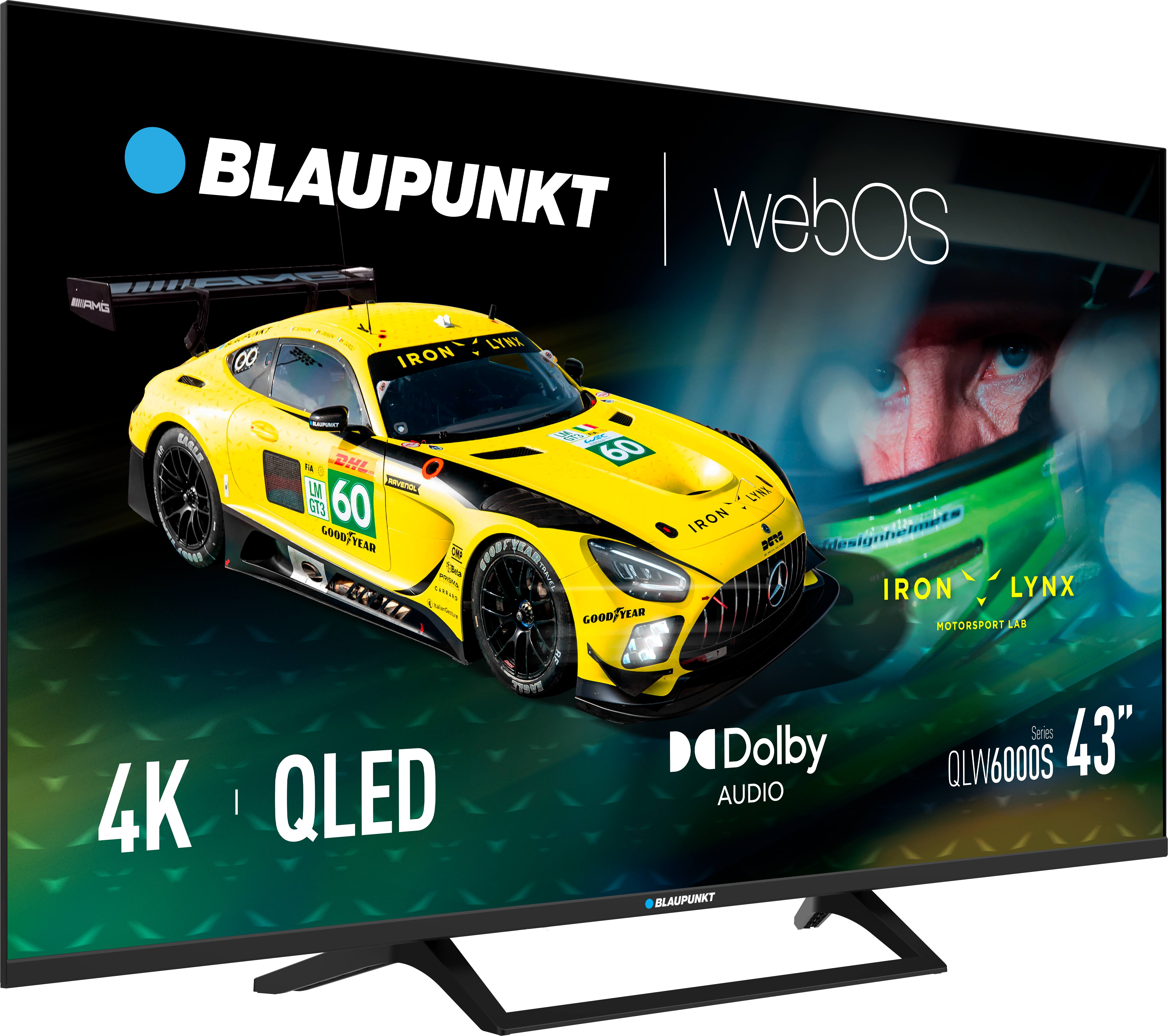 Telewizor Blaupunkt wyświetla samochód wyścigowy, kierowcę i słowa '4K QLED'. Ekran pokazuje 'Dolby Audio' i '43"'.
