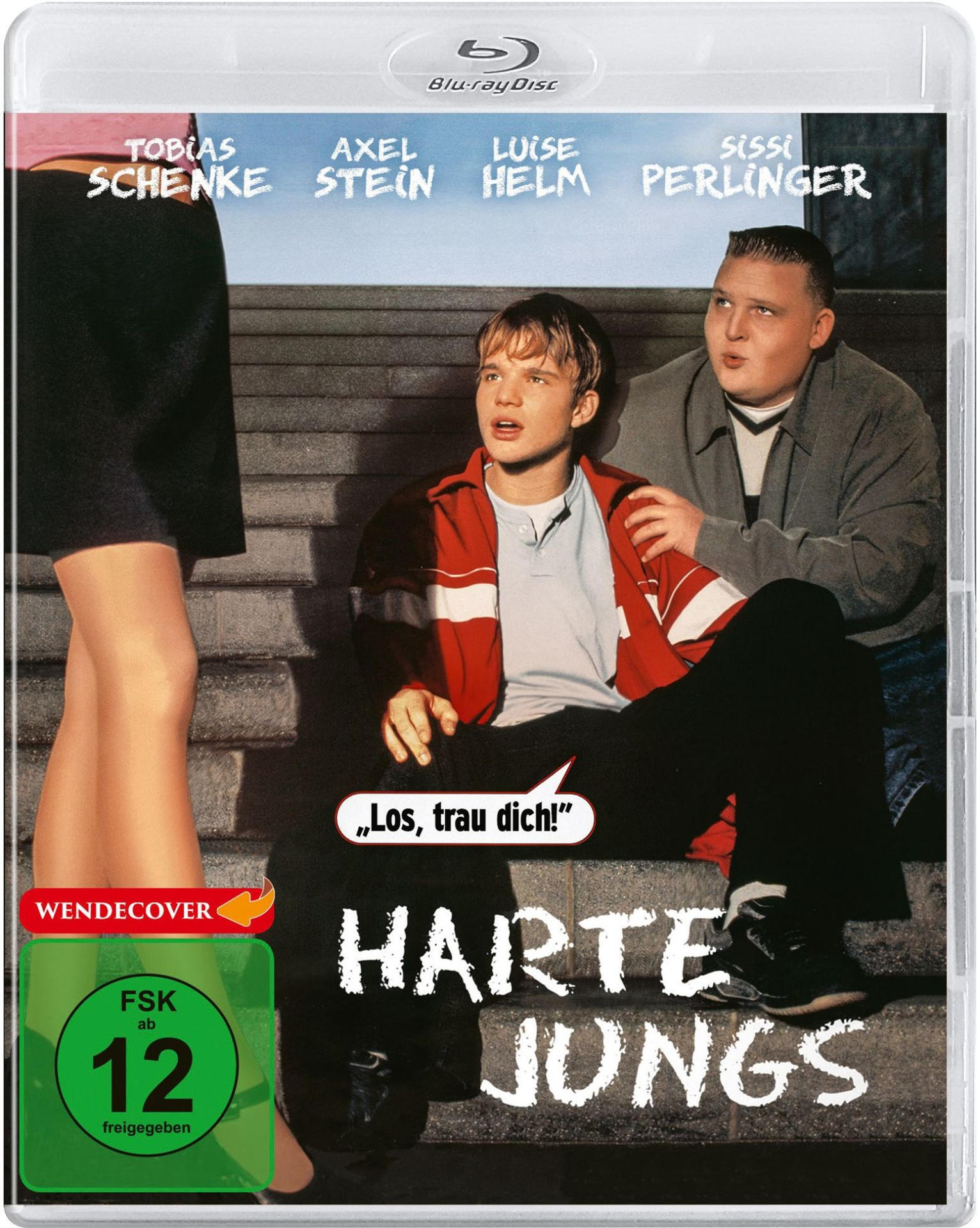 Blu-ray-Cover. Zwei junge Männer sitzen, einer in roter Jacke. Filmtitel 'HARTE JUNGS'. FSK 12-Rating. Namen der Schauspieler sind aufgelistet.