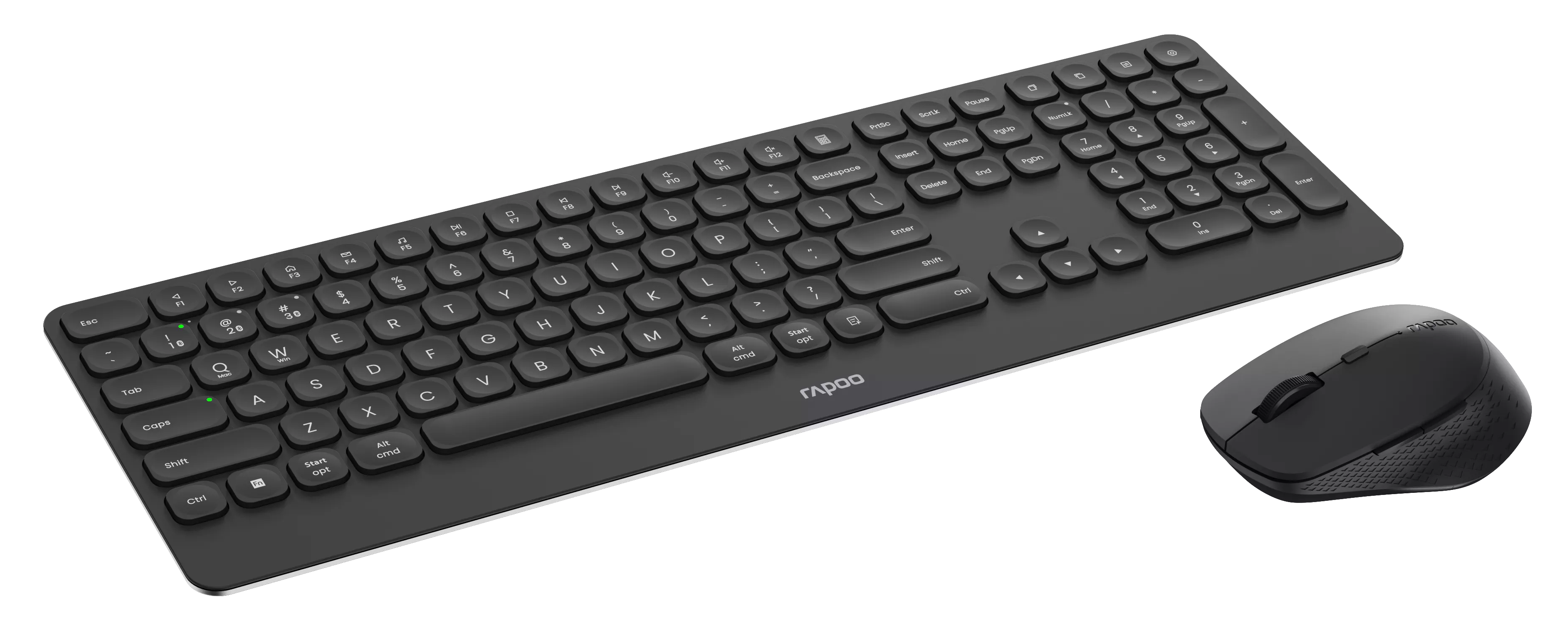 Czarny zestaw klawiatury i myszy na czarnej powierzchni. Klawiatura ma białe klawisze, mysz ma teksturowany bok.