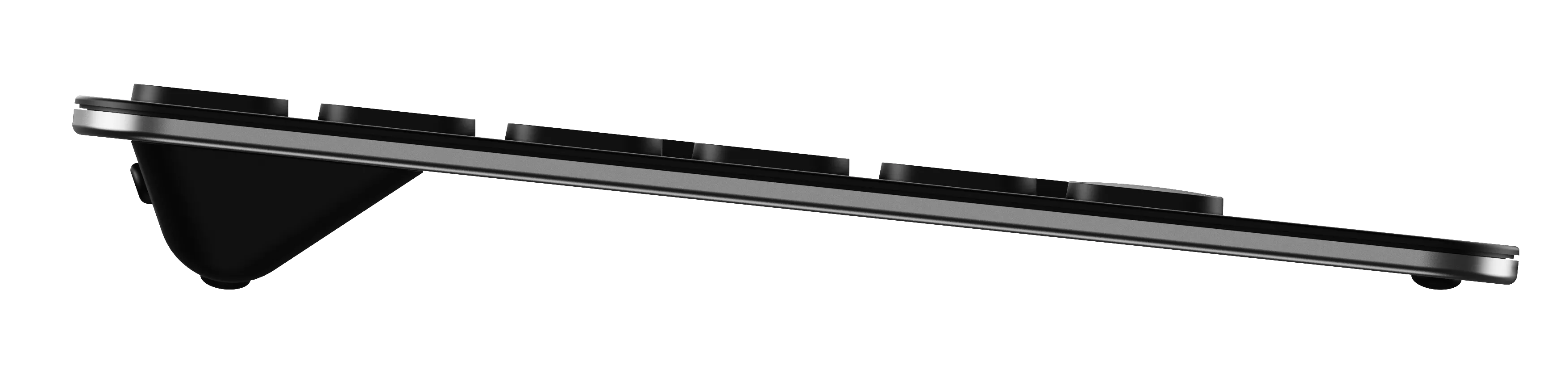 Widok z boku czarnej i srebrnej klawiatury. Klawisze są czarne, a ramka srebrna.