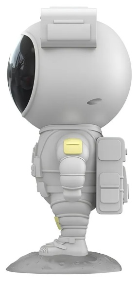 Biała figurka astronauty z okrągłą głową i ciałem, stojąca na księżycowej podstawie. Żółte akcenty na kombinezonie.