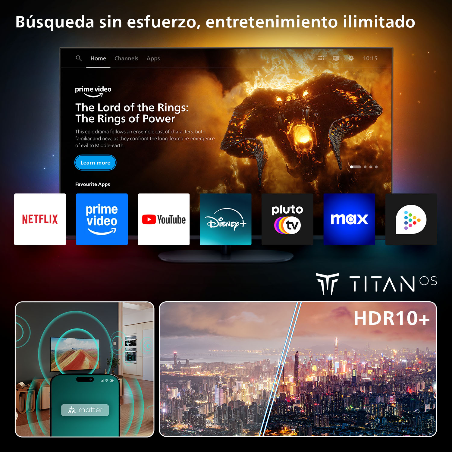 Pantalla de TV con apps de streaming, teléfono con logo 'matter' y horizonte urbano. Apps: Netflix, Prime Video, YouTube, Disney+.