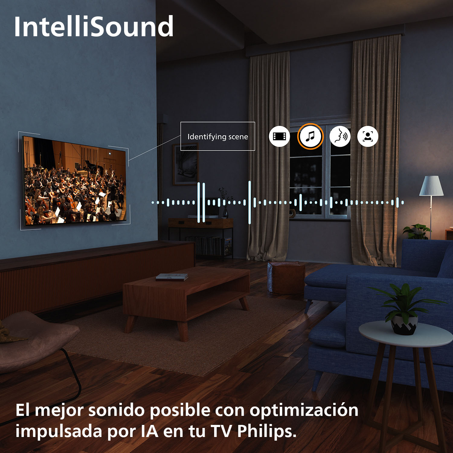 Salón con TV mostrando orquesta. Logotipo IntelliSound, iconos de identificación de escena y texto: mejor sonido con optimización IA.