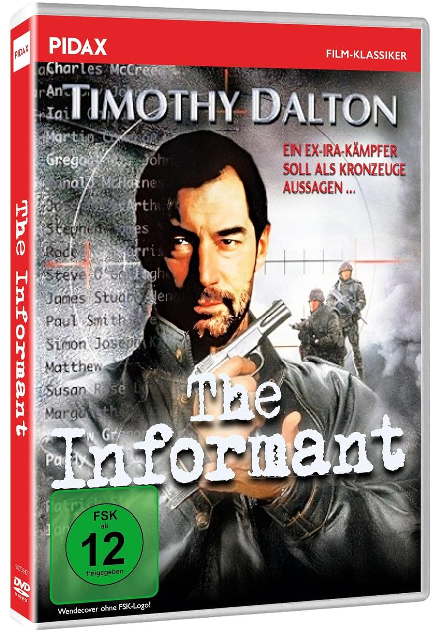 DVD-Cover von 'The Informant' mit Timothy Dalton mit einer Pistole. Soldaten im Hintergrund. Grüner FSK 12-Aufkleber. Roter und weißer Text.
