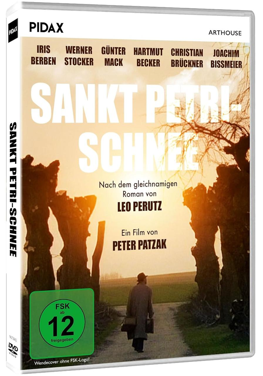 DVD-Cover für 'Sankt Petri-Schnee'. Ein Mann geht auf einem Weg. Titel und Credits stehen oben, ein grünes Rating-Label unten.