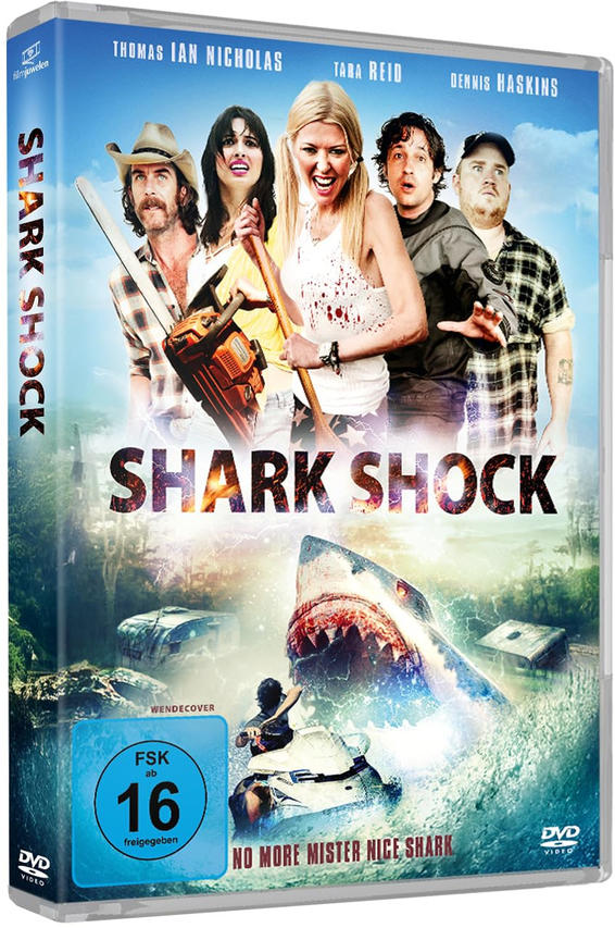 DVD-Cover für Shark Shock. Menschen mit Waffen stehen einem aus dem Wasser aufsteigenden Hai gegenüber. Der Titel ist Shark Shock.