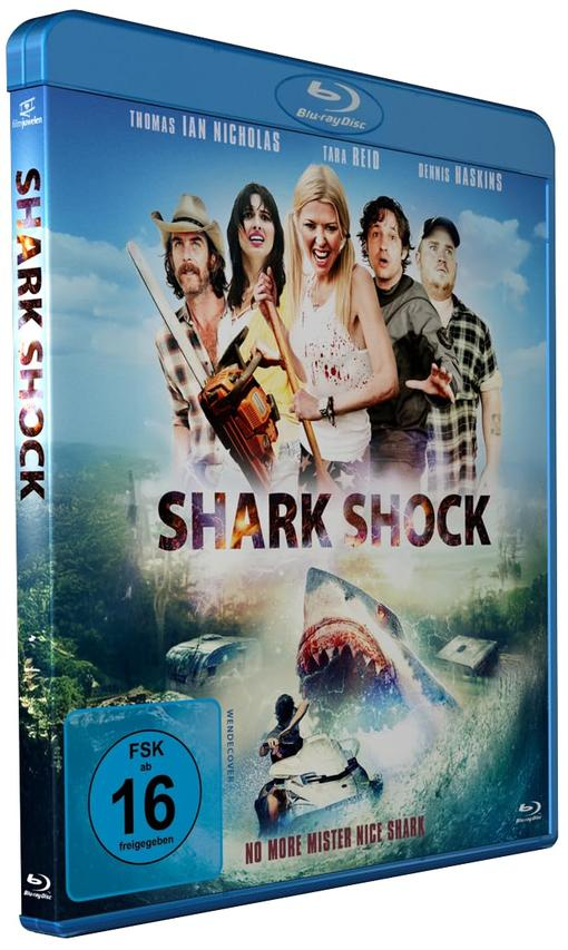 Blu-ray-Cover: Menschen mit einer Kettensäge stehen einem Hai gegenüber. Der Titel lautet Shark Shock.