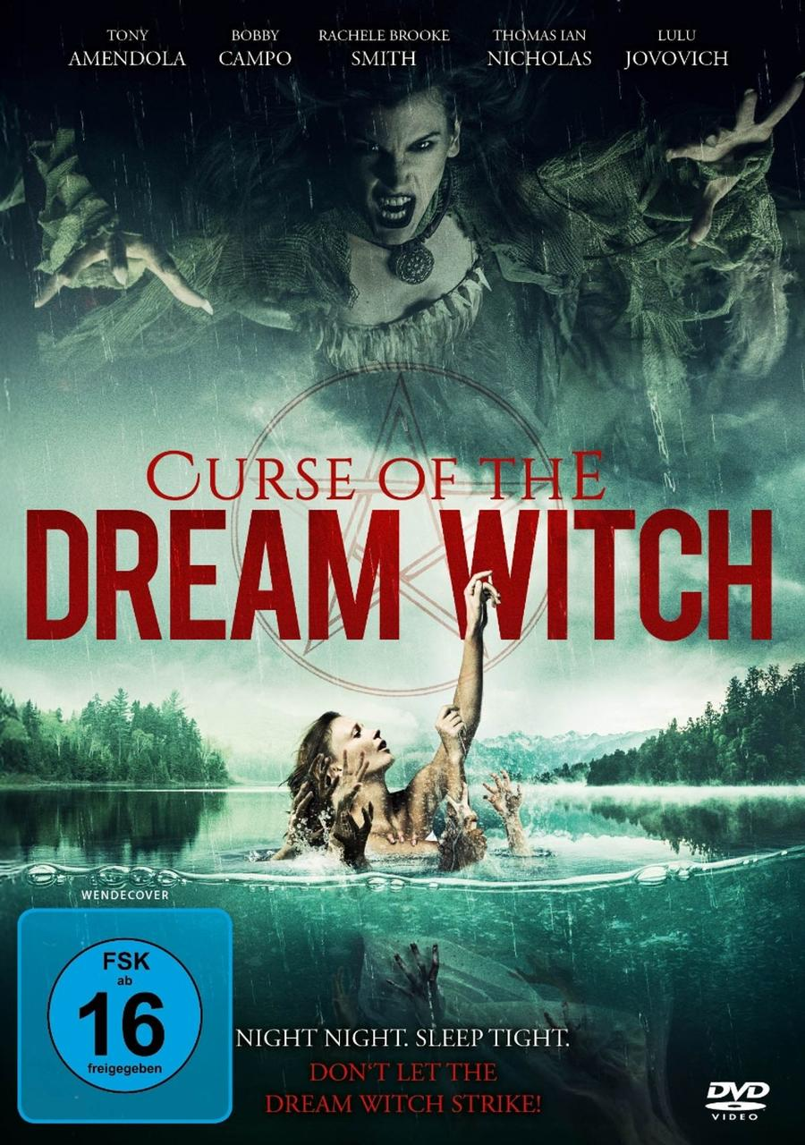 Filmposter für 'Curse of the Dream Witch'. Eine Frau kämpft im Wasser, eine Hexe droht und der Titel ist prominent.
