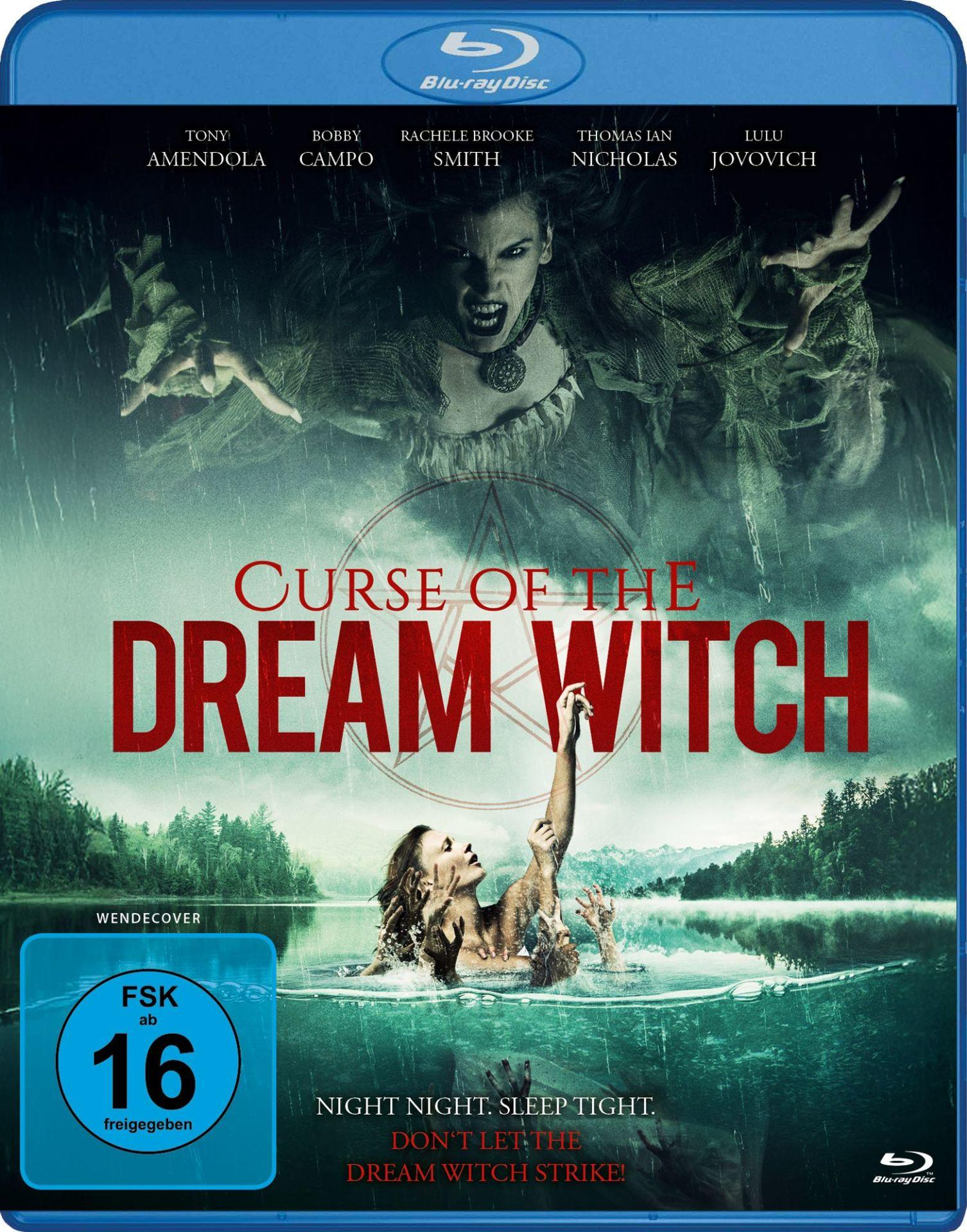Blu-ray-Cover. Eine Frau kämpft im Wasser. Der Titel lautet 'Curse of the Dream Witch'. Andere Figuren und Gesichter sind im Hintergrund.
