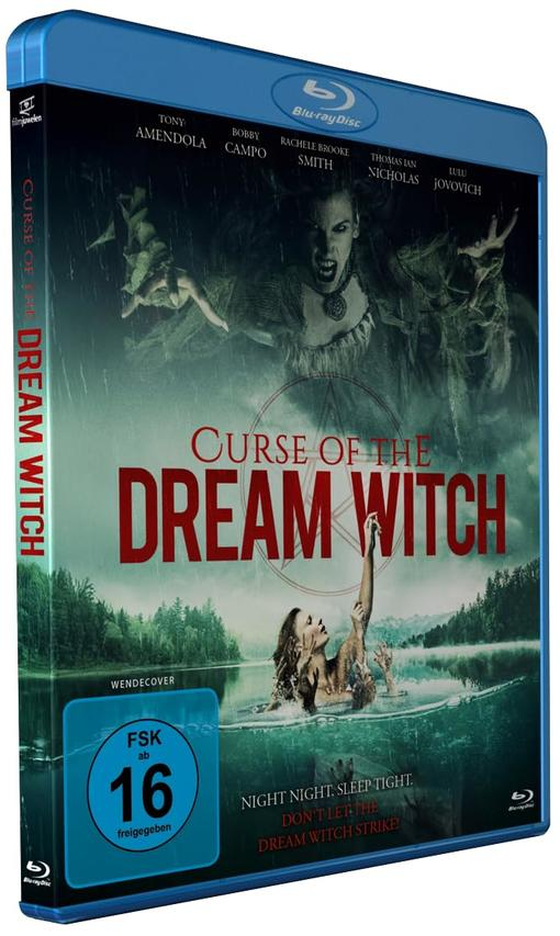 Blu-ray-Cover für 'Curse of the Dream Witch'. Eine Frau ertrinkt, eine Hexe droht. Text: 'Dream Witch' und Namen der Schauspieler.