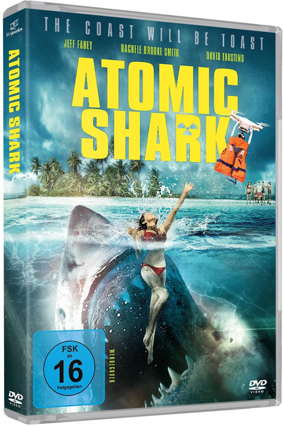 DVD-Cover: Frau im Wasser mit Hai. Drohne mit Schwimmweste. Titel: Atomic Shark.