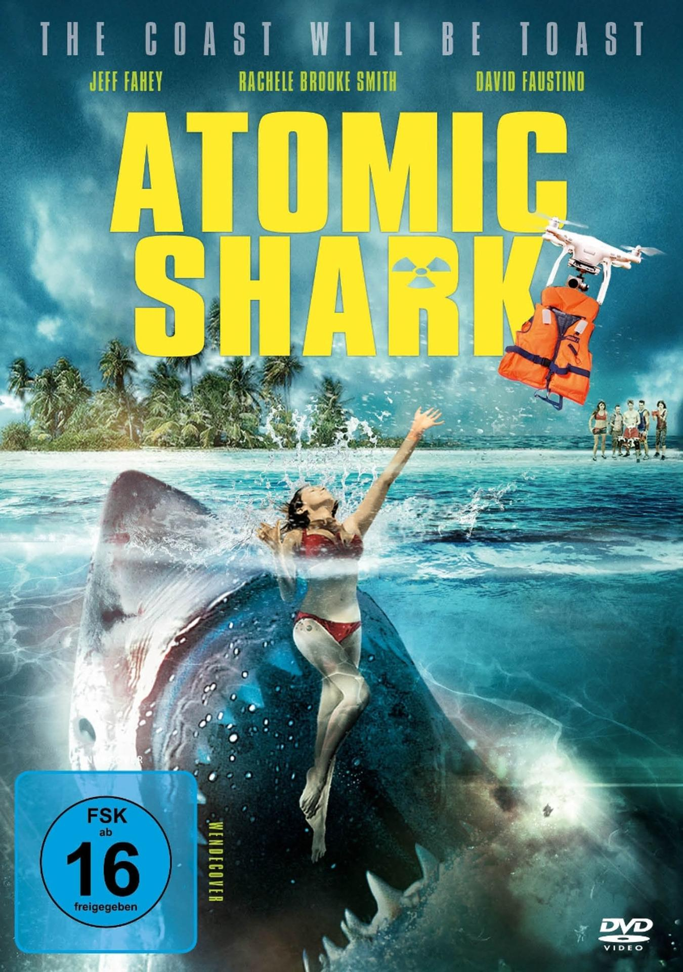 Filmplakat: Frau im Bikini neben Hai, Drohne mit Schwimmweste, Titel 'Atomic Shark'.