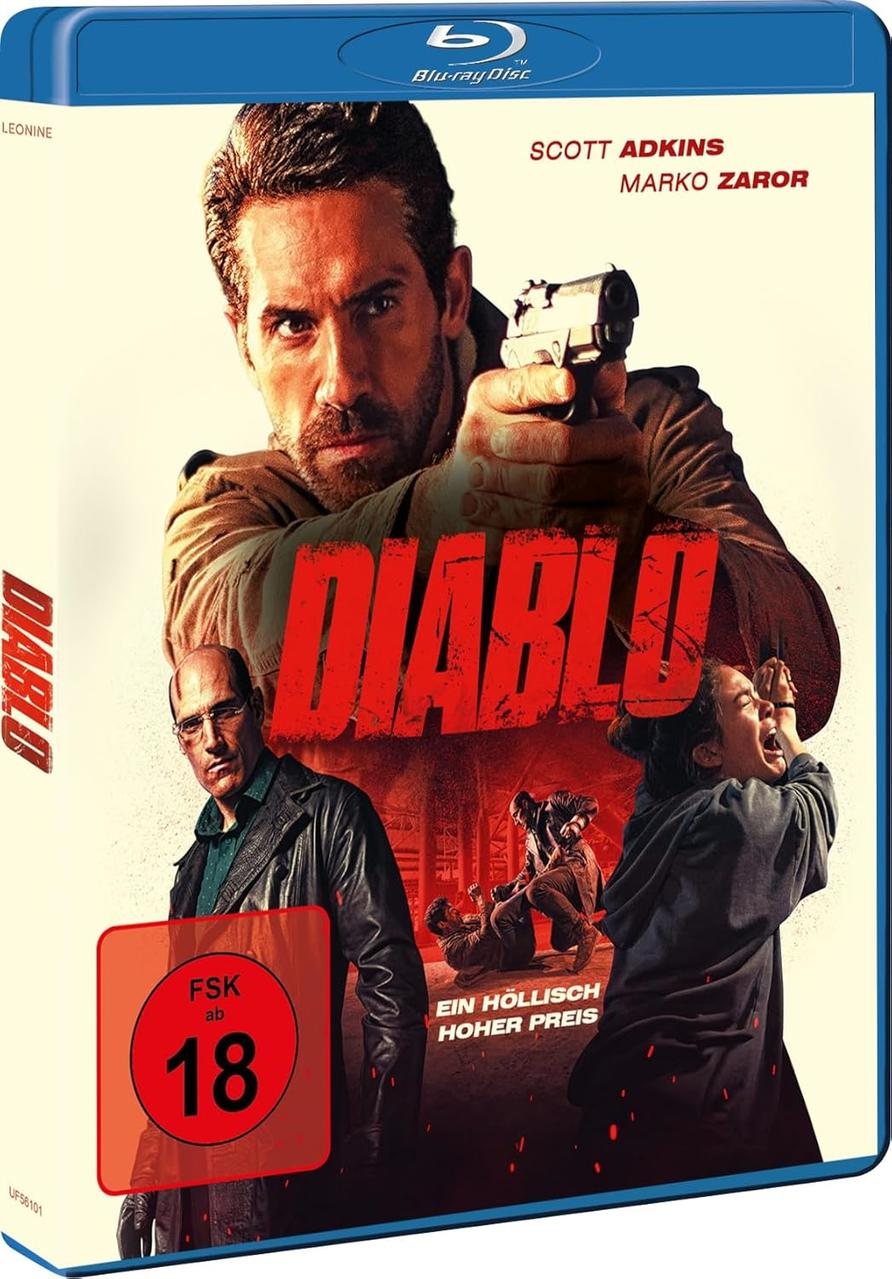 Blu-ray-Cover für 'Diablo'. Mann mit Waffe. Andere kämpfen im Hintergrund. Roter Text sagt 'Diablo'.