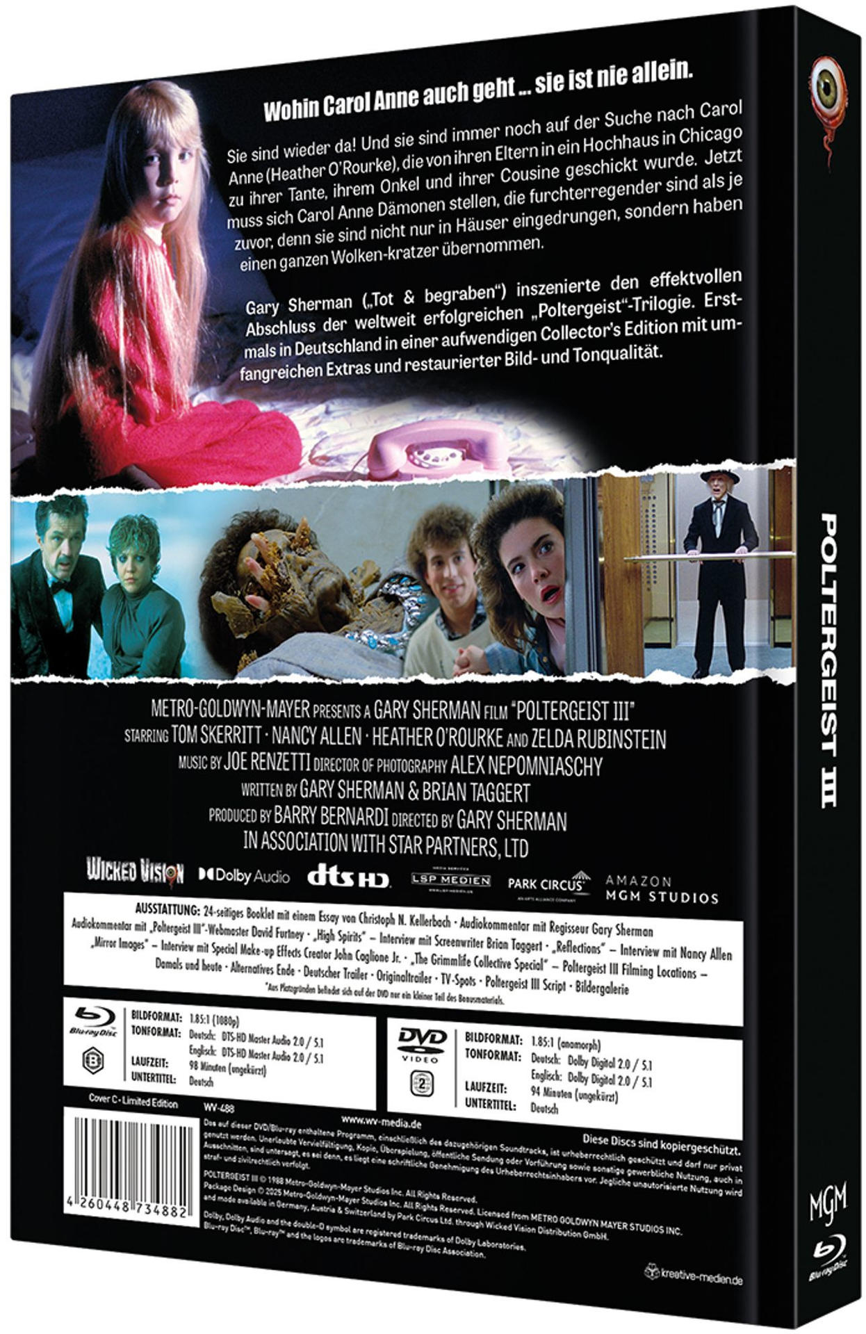 DVD-Cover von Poltergeist III. Zeigt ein Mädchen, Szenen aus dem Film und Text in Englisch und Deutsch.