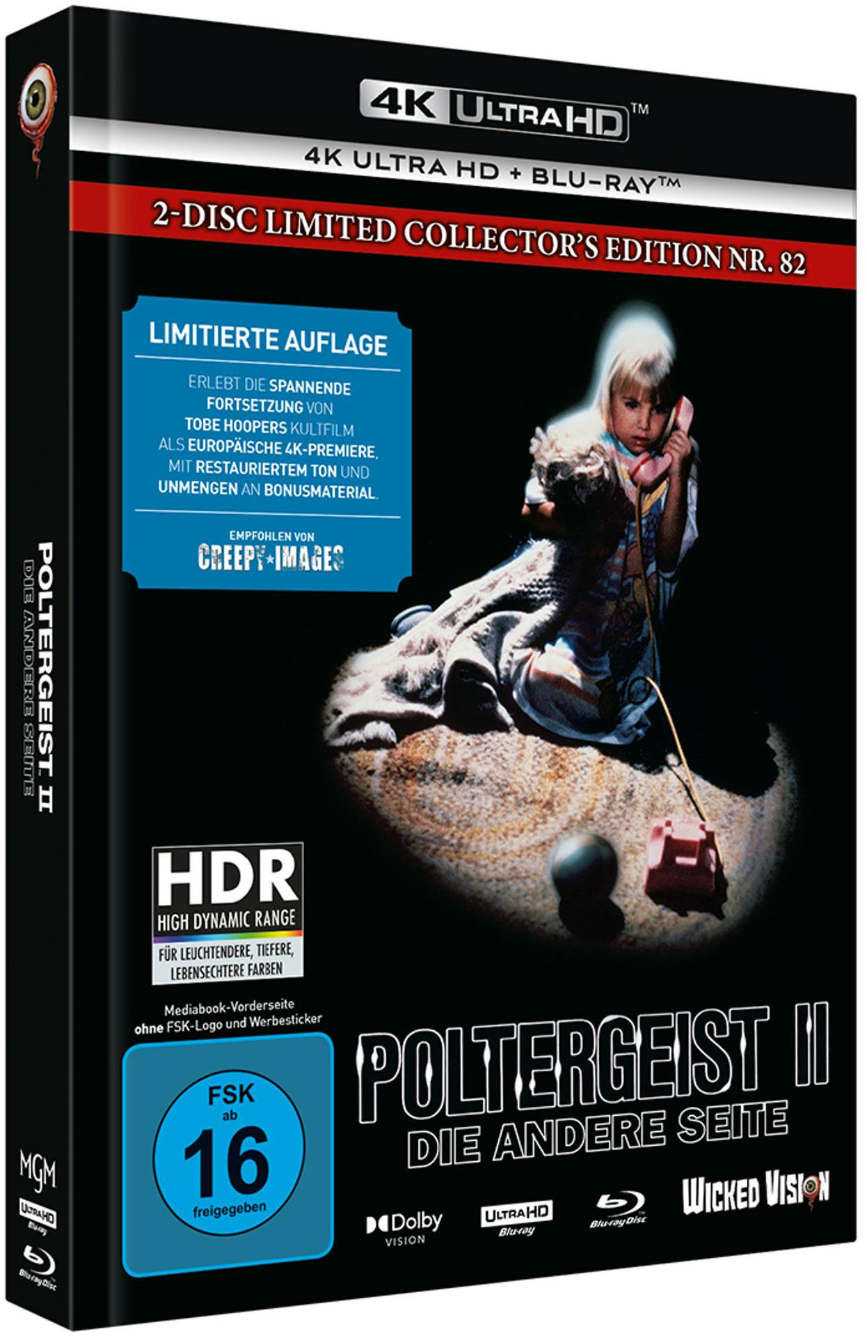 DVD-Cover von Poltergeist II. Ein Mädchen telefoniert. Ein dunkler Hintergrund mit Objekten und Text.