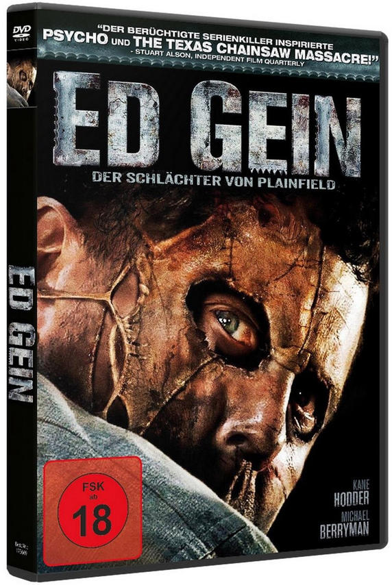 DVD-Cover von 'Ed Gein'. Das Gesicht eines Mannes mit Maske, der Titel 'Ed Gein' in großen Buchstaben. Die Bewertung ist 18.