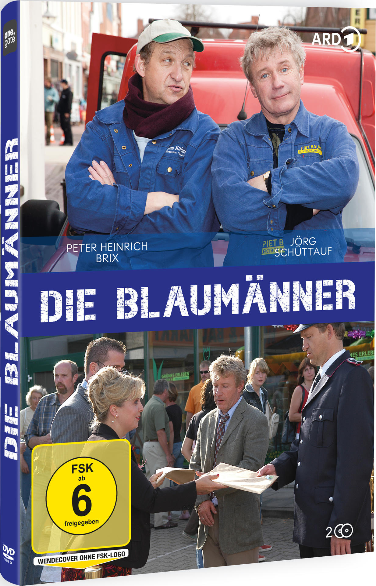 DVD-Cover von 'Die Blaumänner'. Zwei Männer in blauen Overalls stehen vor einem roten Transporter. Im Hintergrund sind Leute zu sehen.