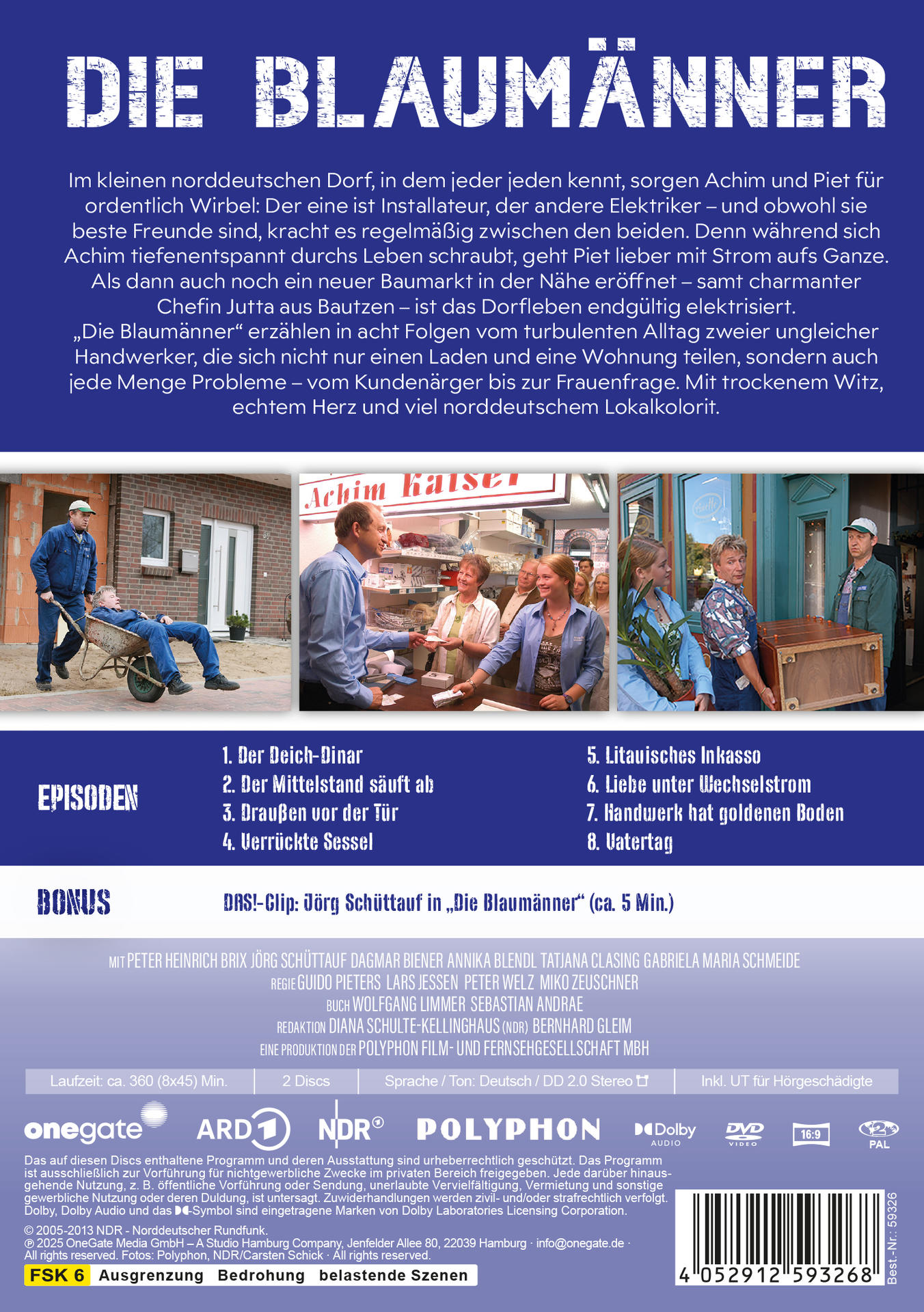 DVD-Cover. Titel: Die Blaumänner. Achim und Piet, zwei Handwerker, stehen im Mittelpunkt. Text und Bilder mit blauem Hintergrund.