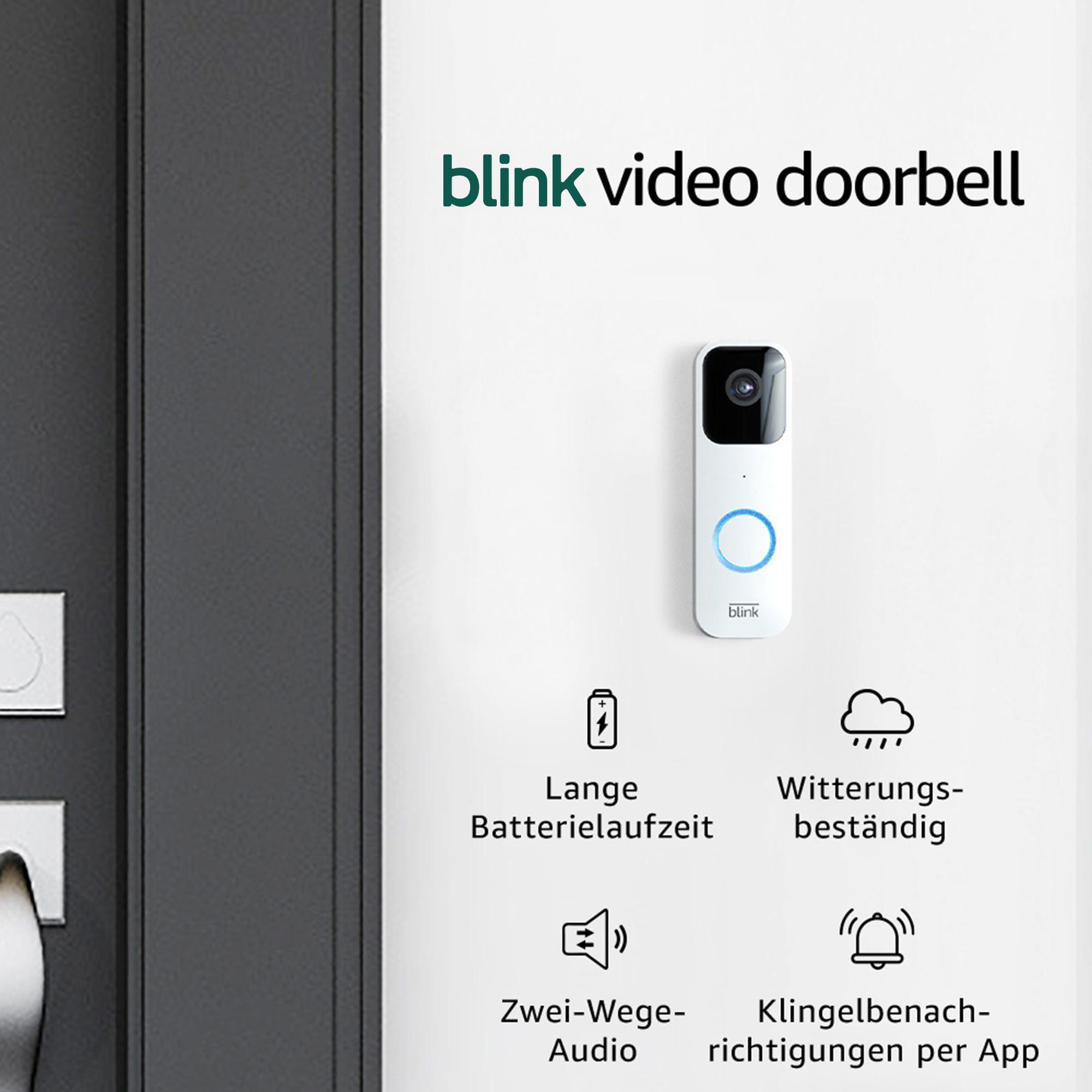 Eine weiße Blink-Video-Türklingel mit blauem Lichtring. Text zeigt: lange Akkulaufzeit, wetterfest, Zwei-Wege-Audio.