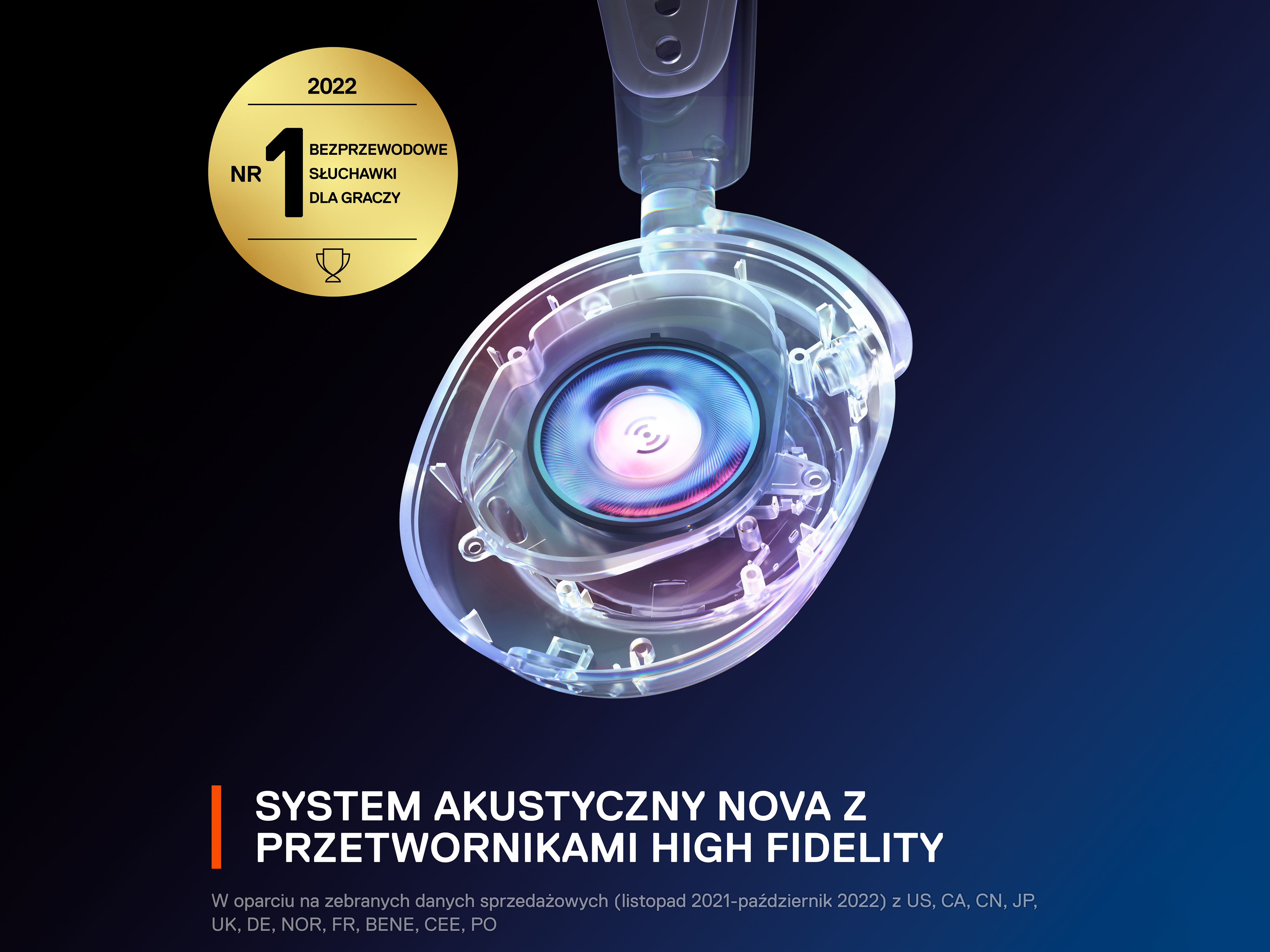 Słuchawki z przezroczystym designem, odznaką nagrody i tekstem o systemie akustycznym.